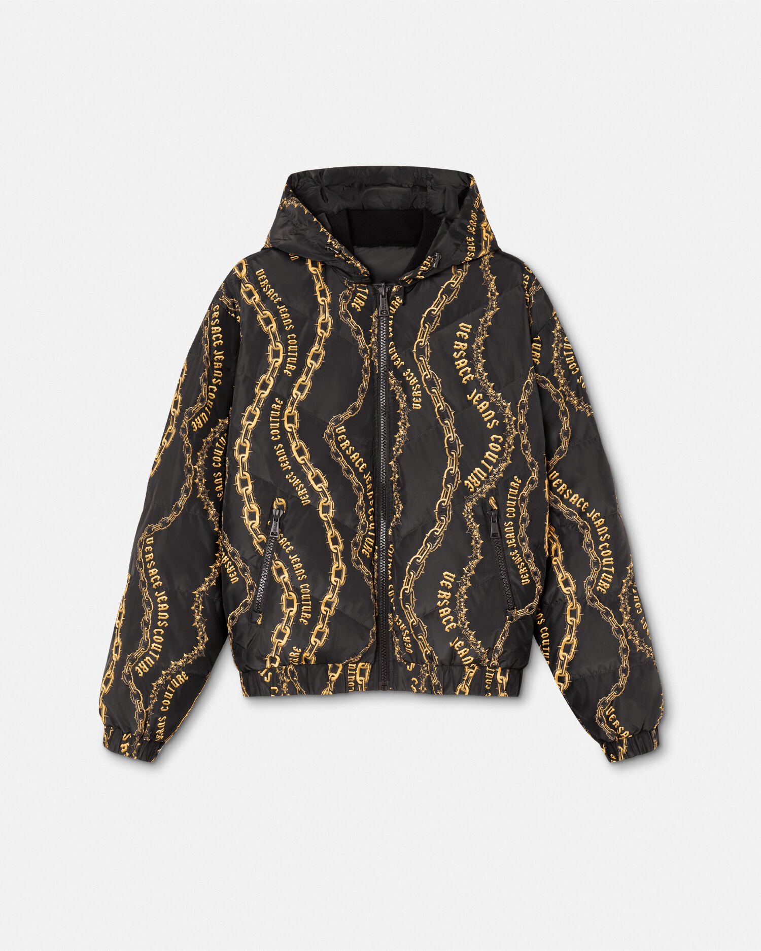 Black puffer jacket with gold zip shop