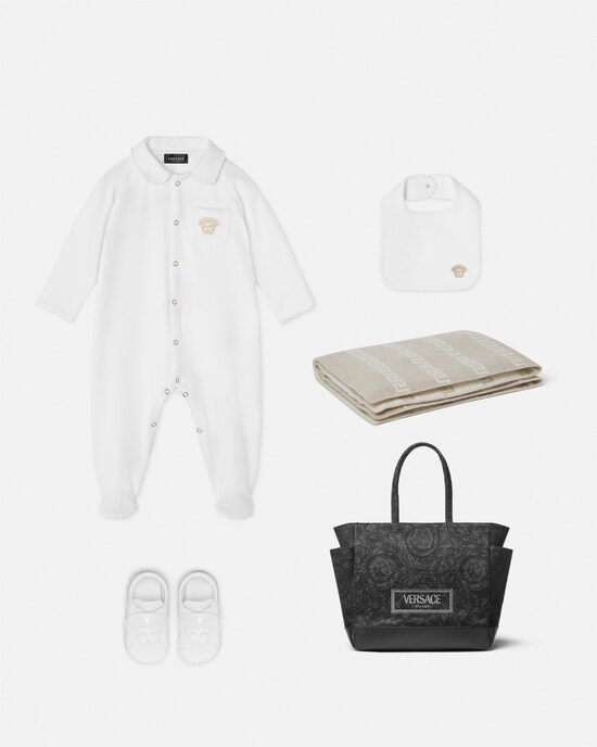 Versace Baby Embroidered Cotton-Jersey Sleepsuit Set White+Print 2