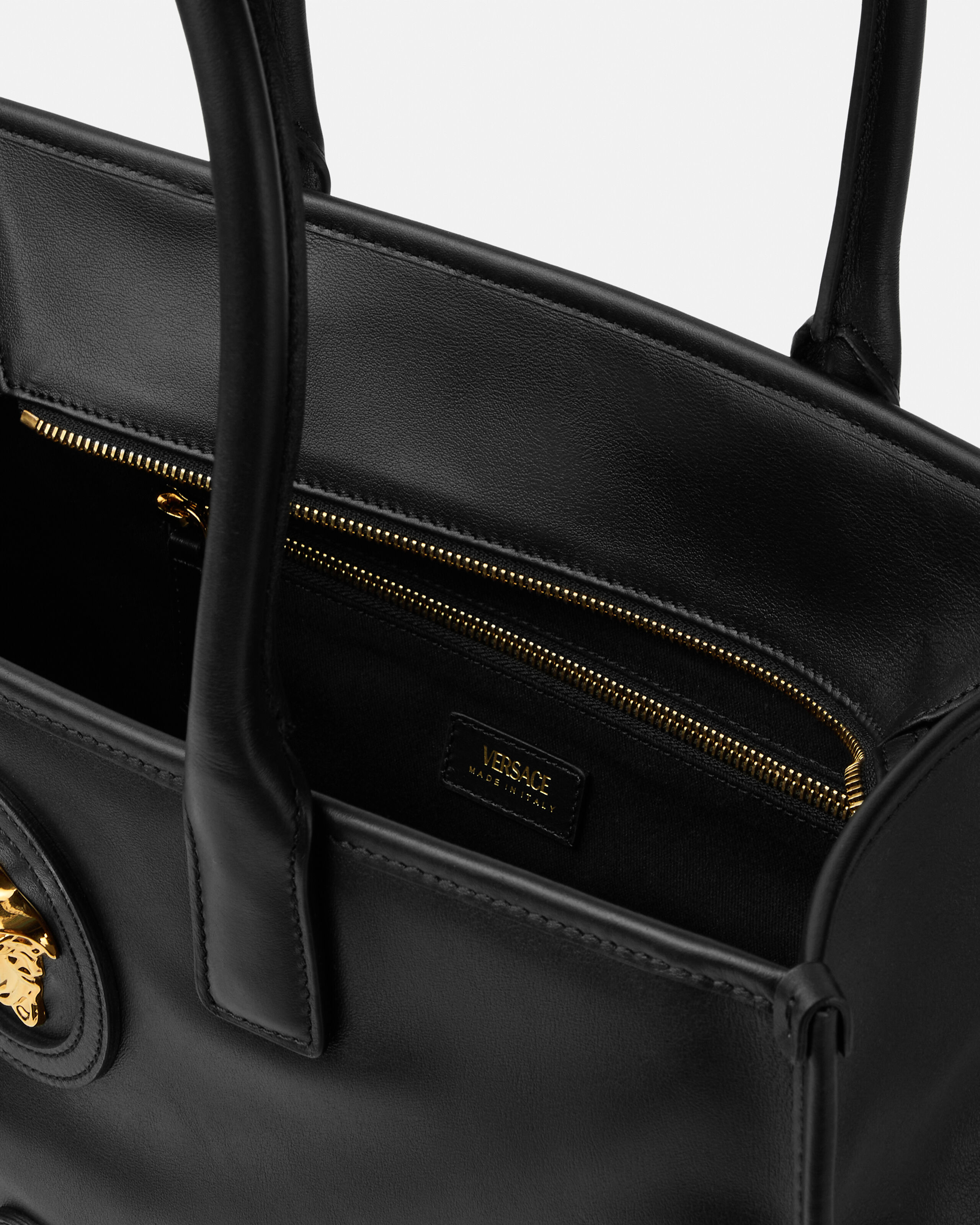 La Medusa Large Leather Tote Black,Gold | VERSACE US