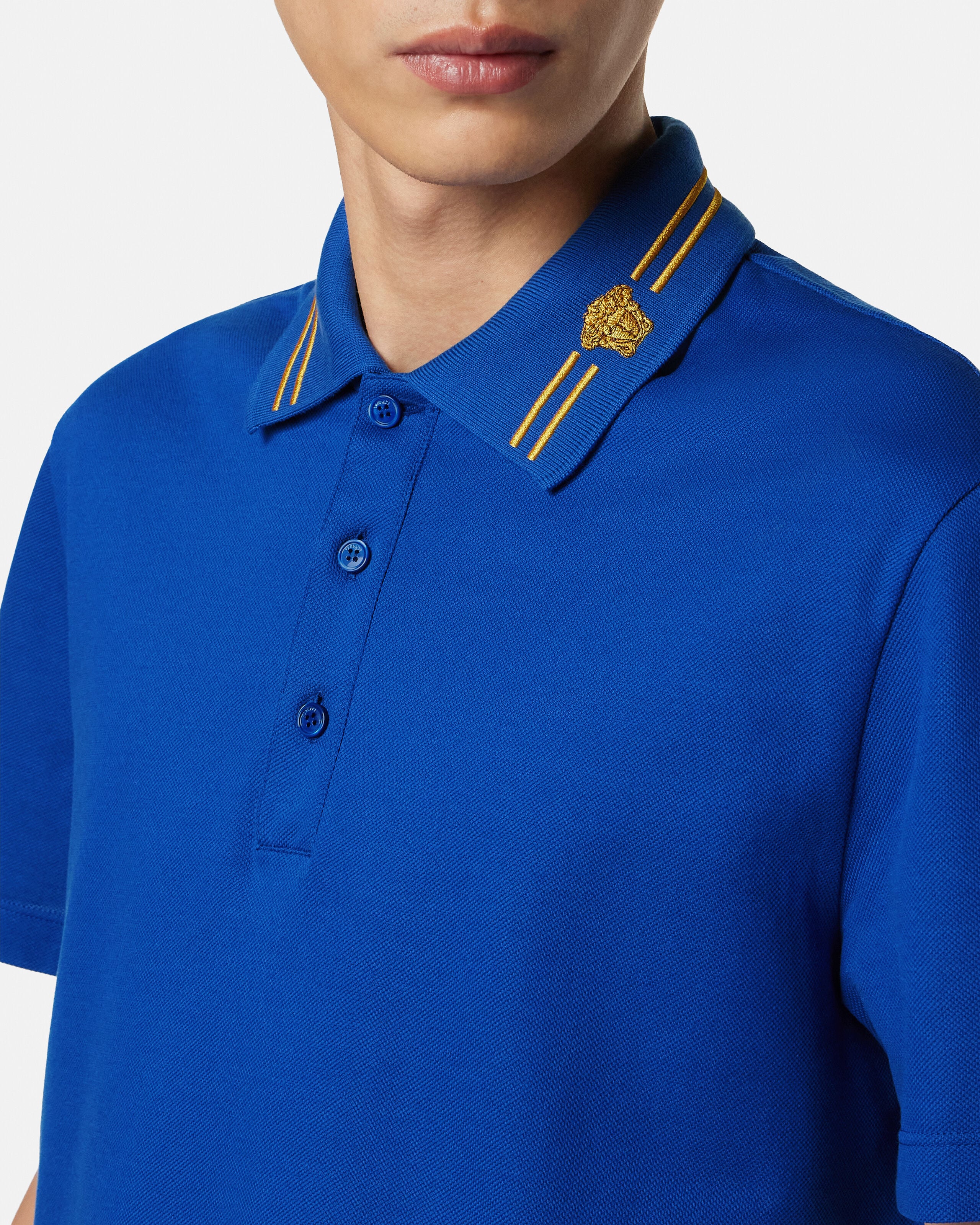 Embroidered Cotton Piqué Polo Blue | VERSACE US