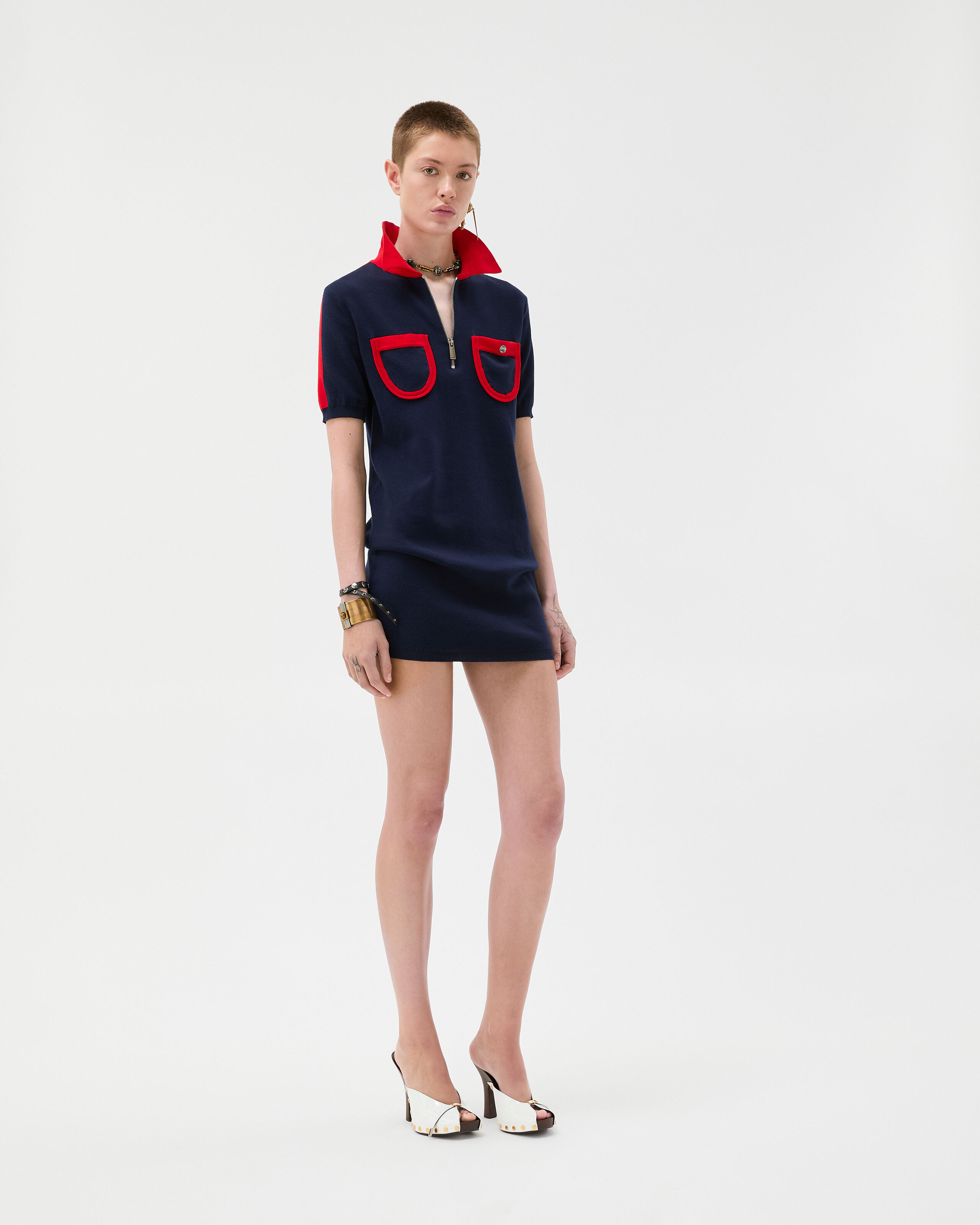 Cotton Knit Zip Mini Dress Blue | VERSACE