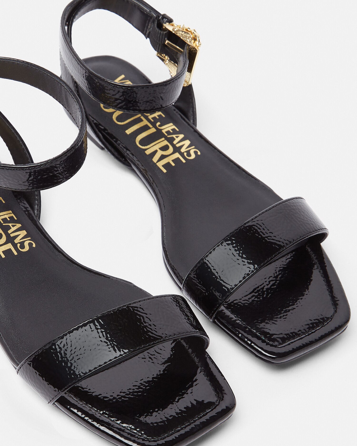 Millie Baroque Buckle Flat Sandals Black Print Versace GB