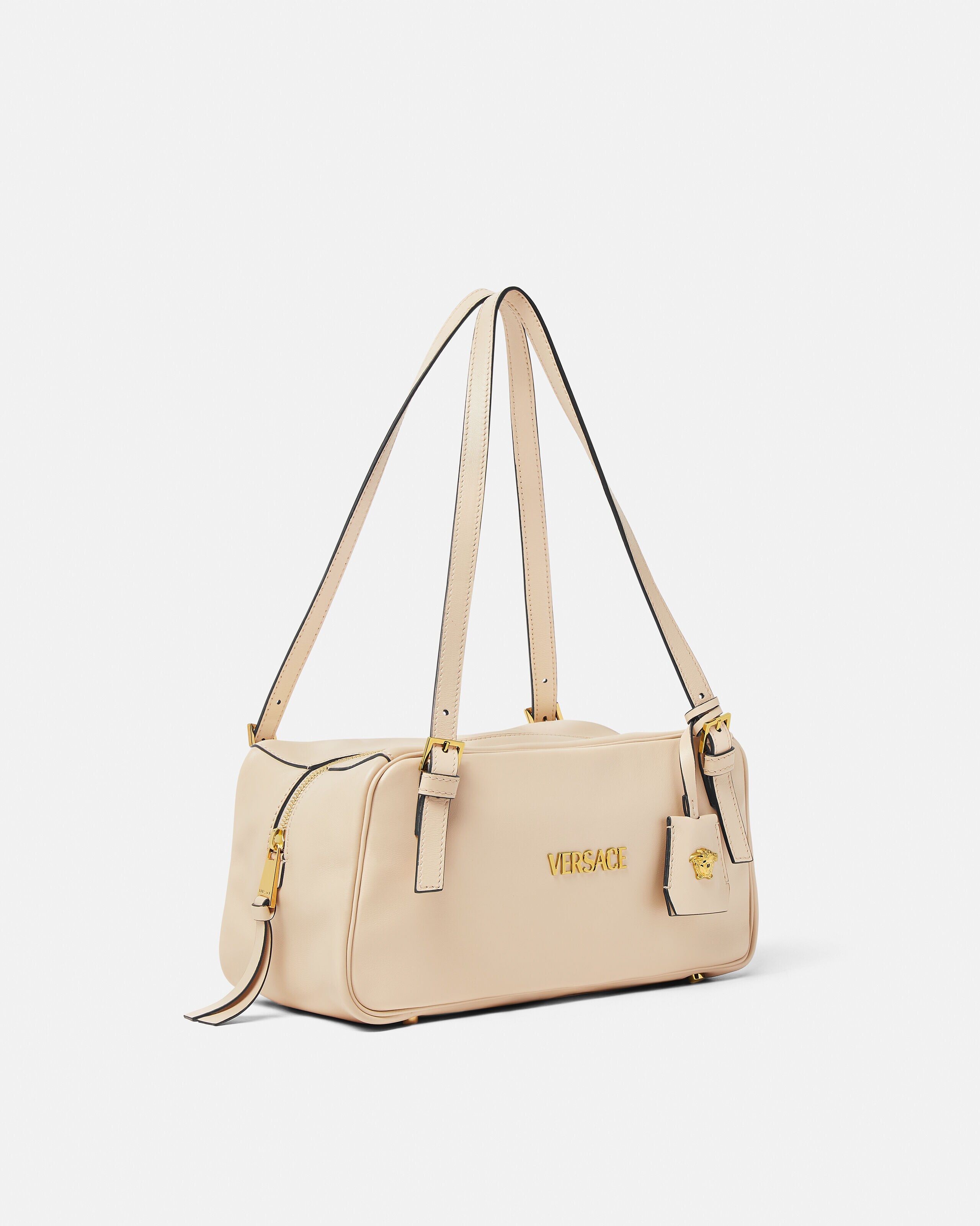 Versace Tag Large Nappa Bowling Bag Beige | VERSACE US