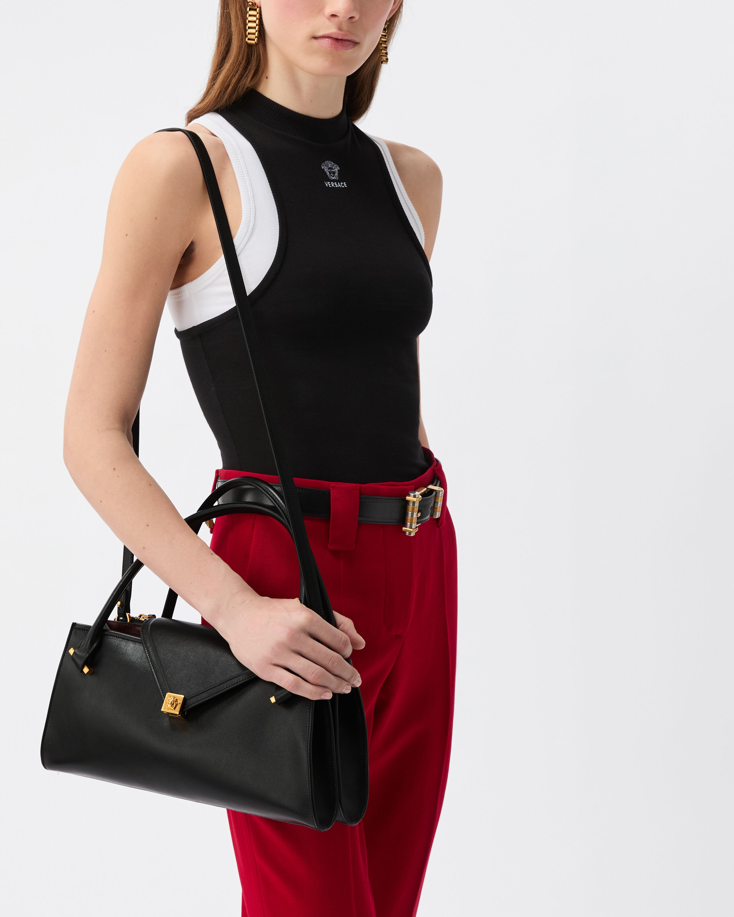 Severine Leather Shoulder Bag Black | VERSACE US