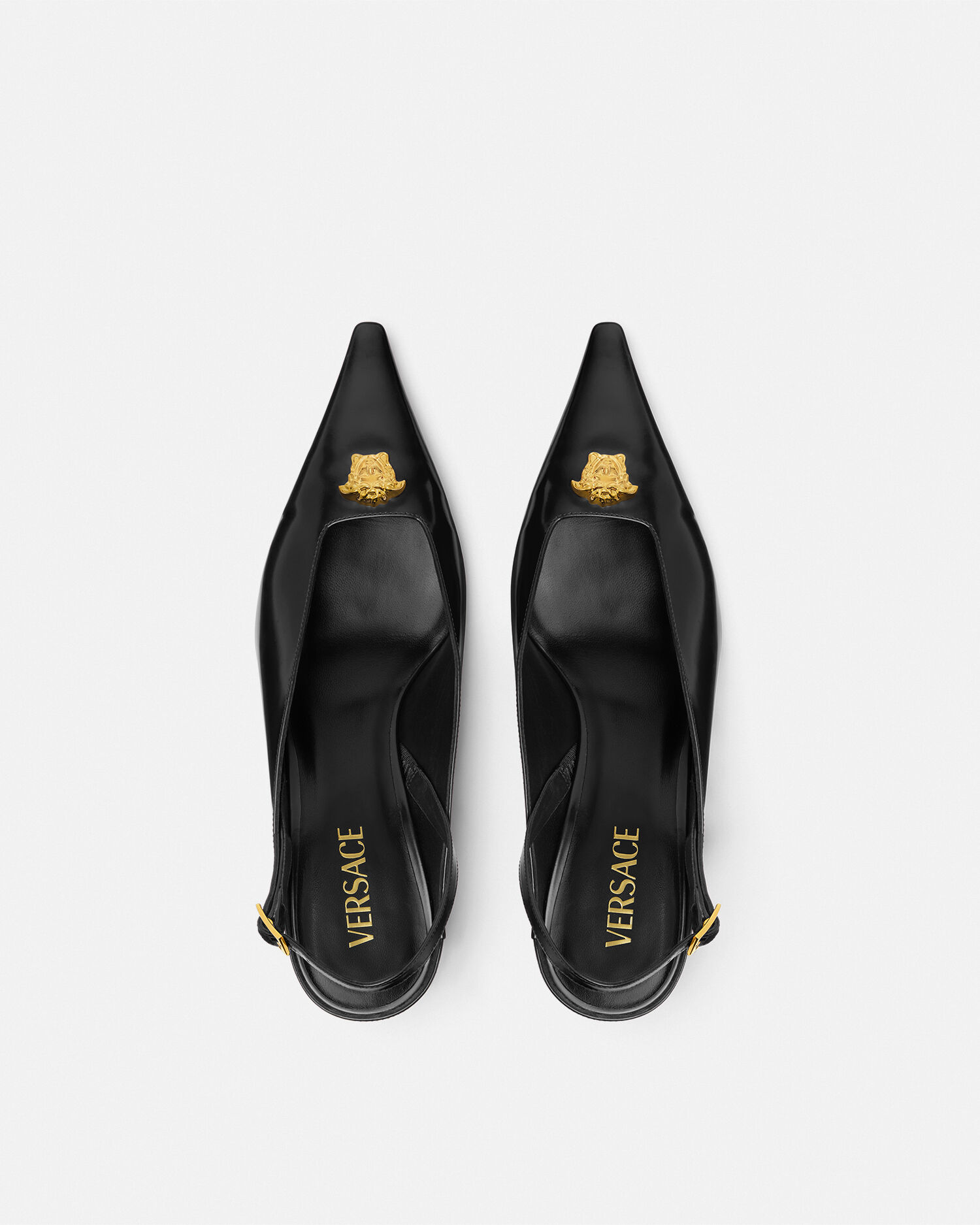 La Medusa Leather Slingbacks 55 mm Black,Gold | VERSACE US