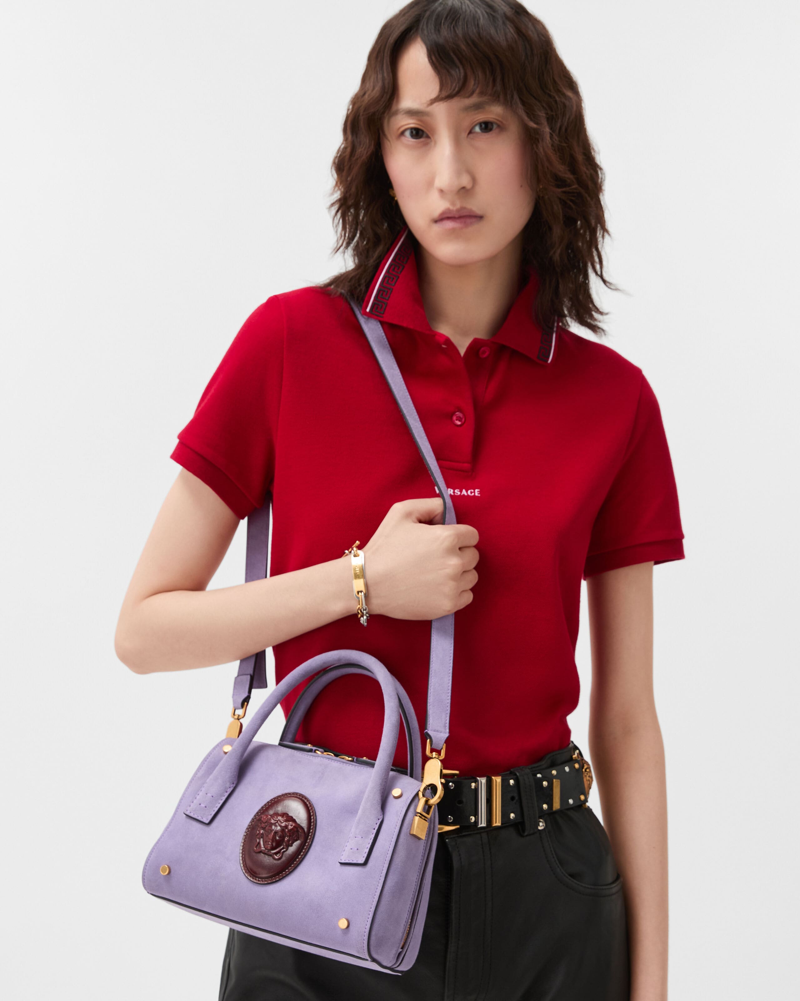 Roomy Small Suede Boston Bag Purple | VERSACE US