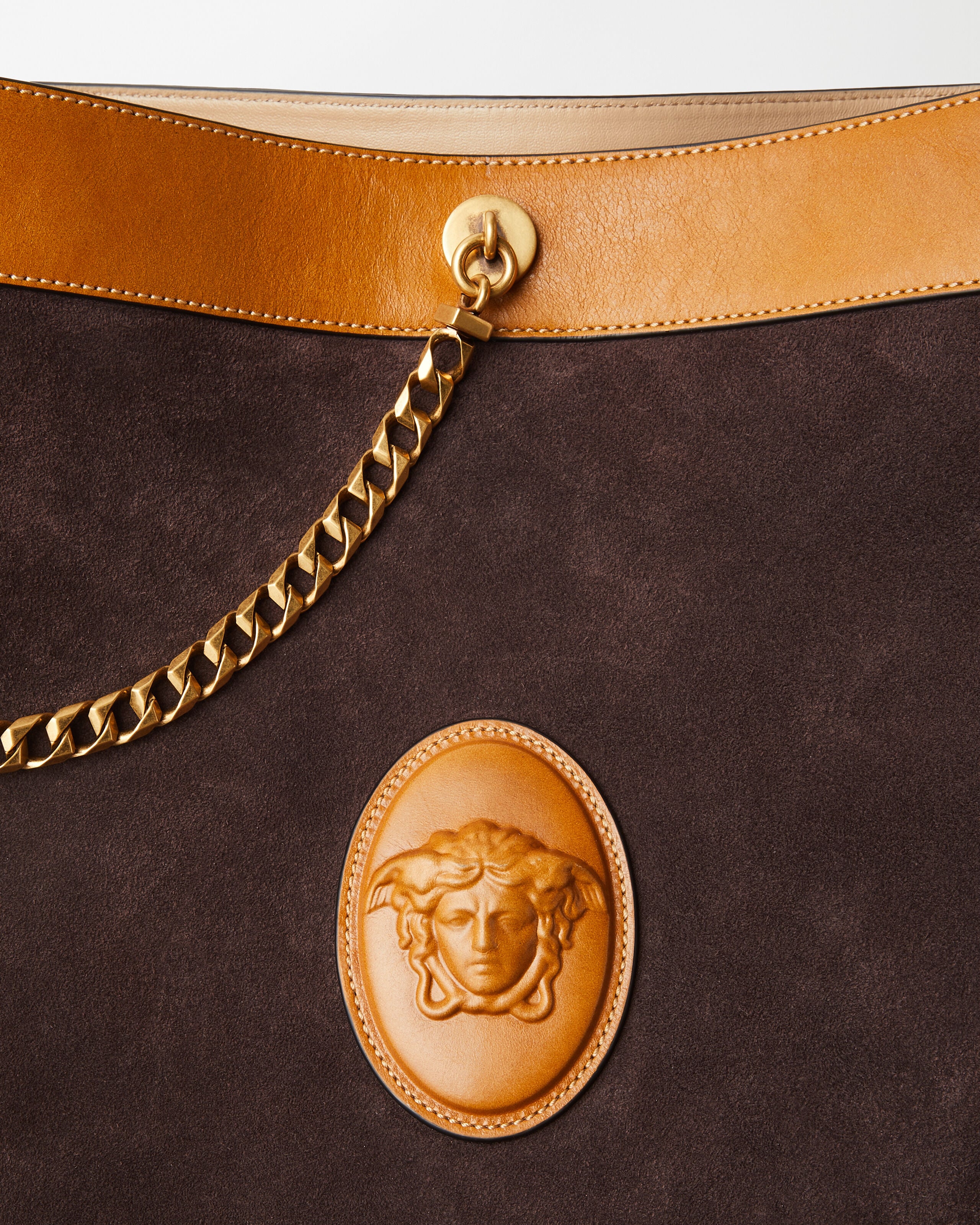 Pivot Large Suede Bucket Bag Brown | VERSACE US