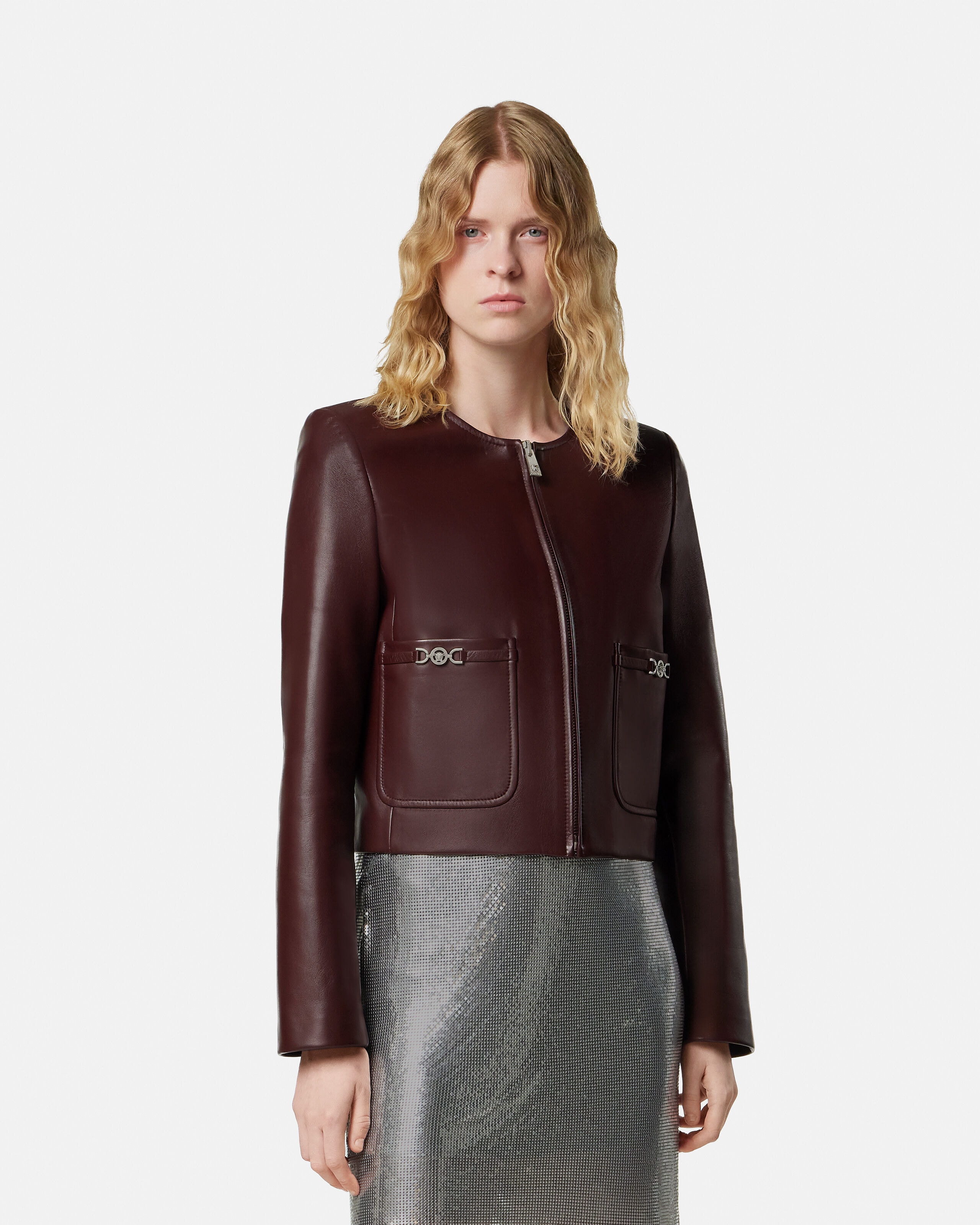 Leather Zipped Jacket Burgundy | VERSACE US