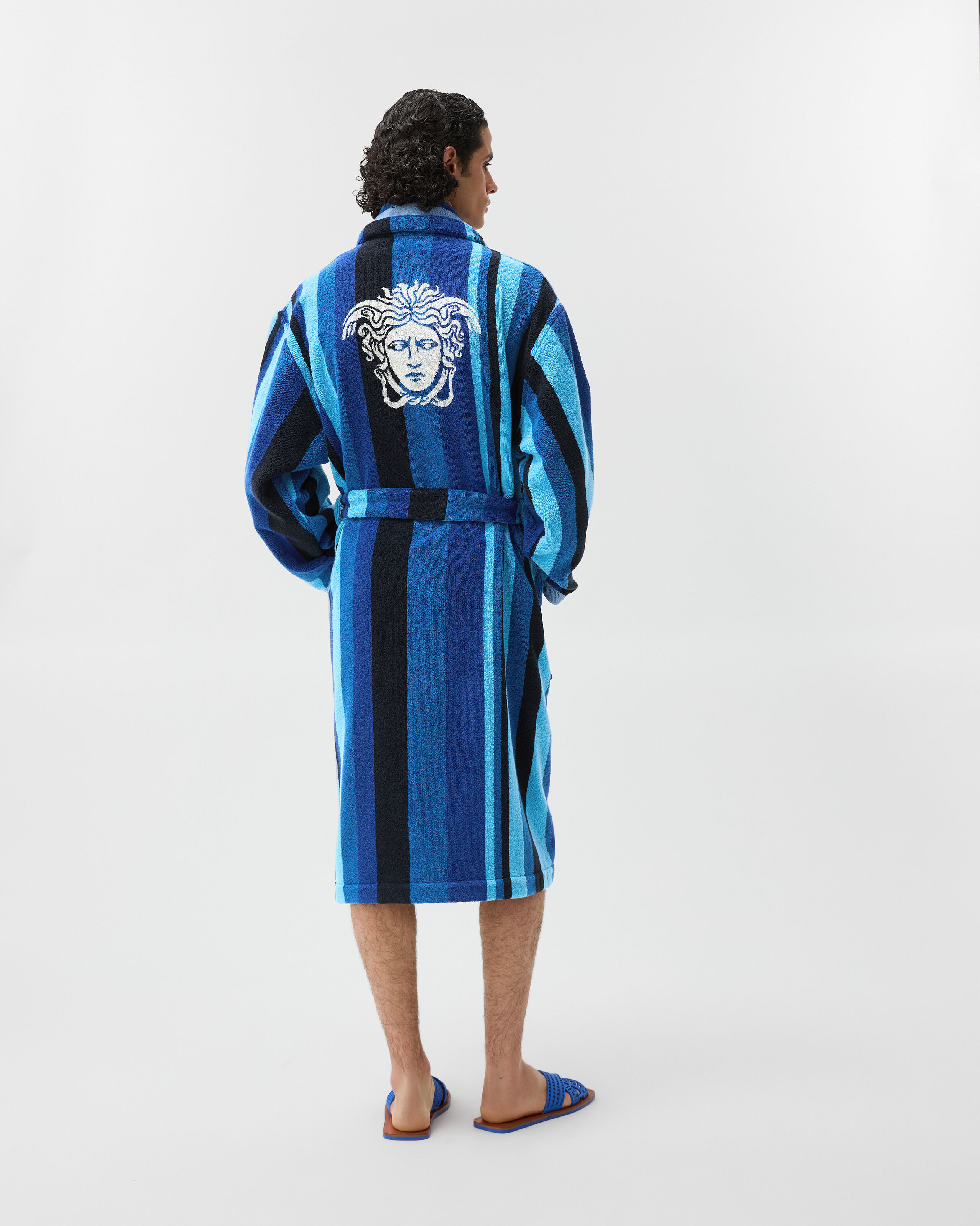 Striped Cotton-Terry Jacquard Bathrobe Blue | VERSACE US