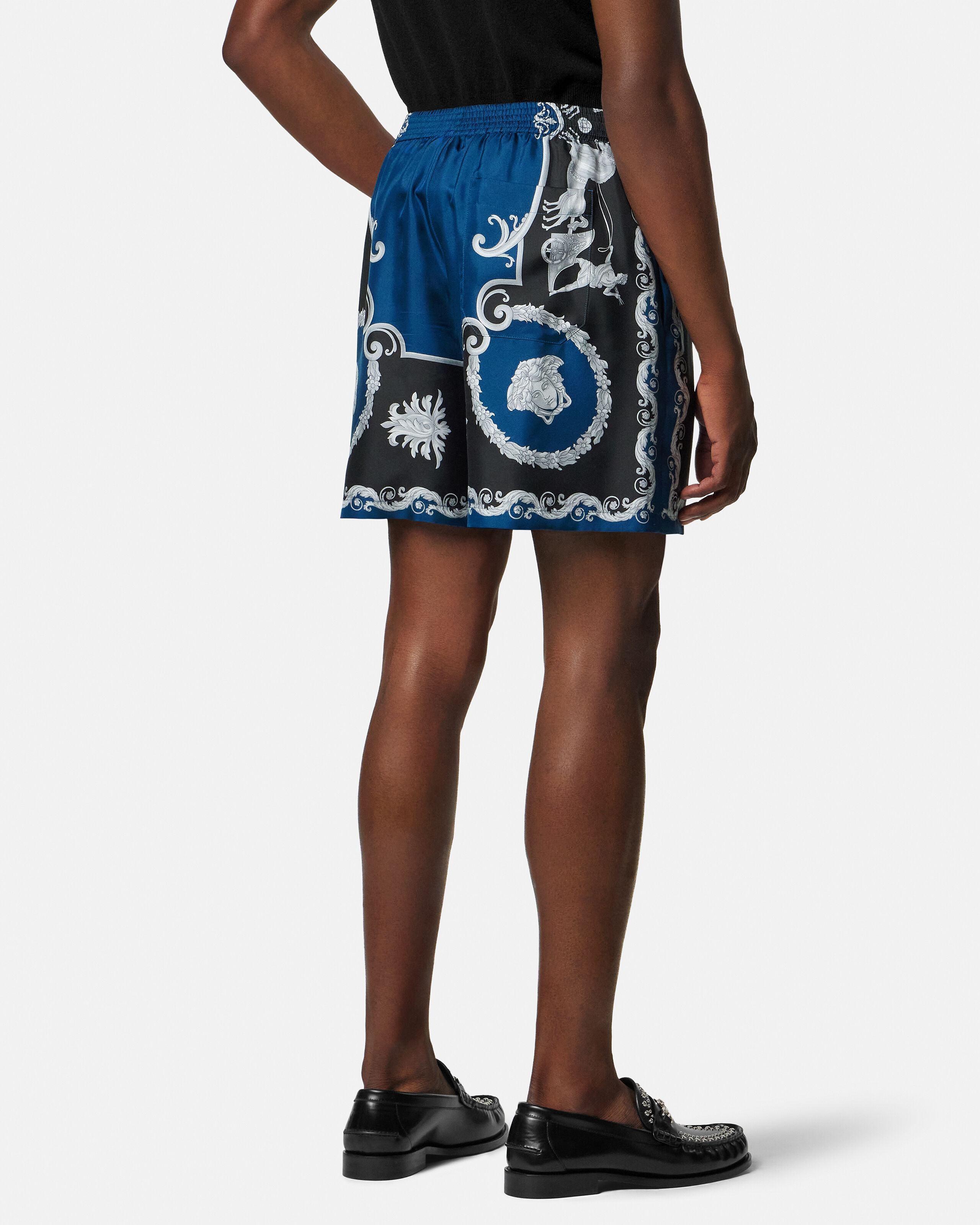 Printed Silk Twill Slim Shorts Black,Blue | VERSACE