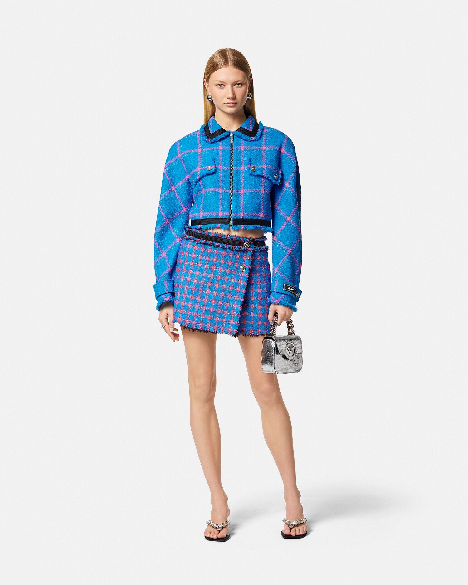 Frayed Tweed Wrap Mini Skirt