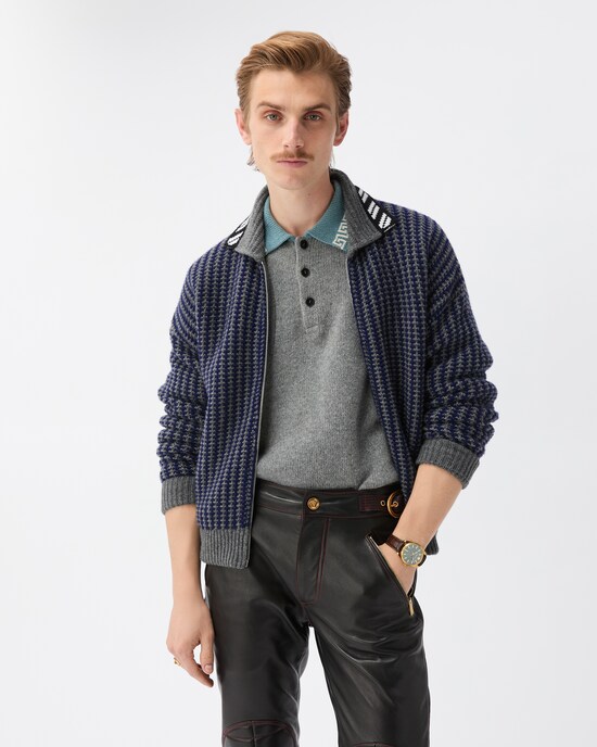 Intarsia Wool Knit Zip Cardigan Blue+Gray 2