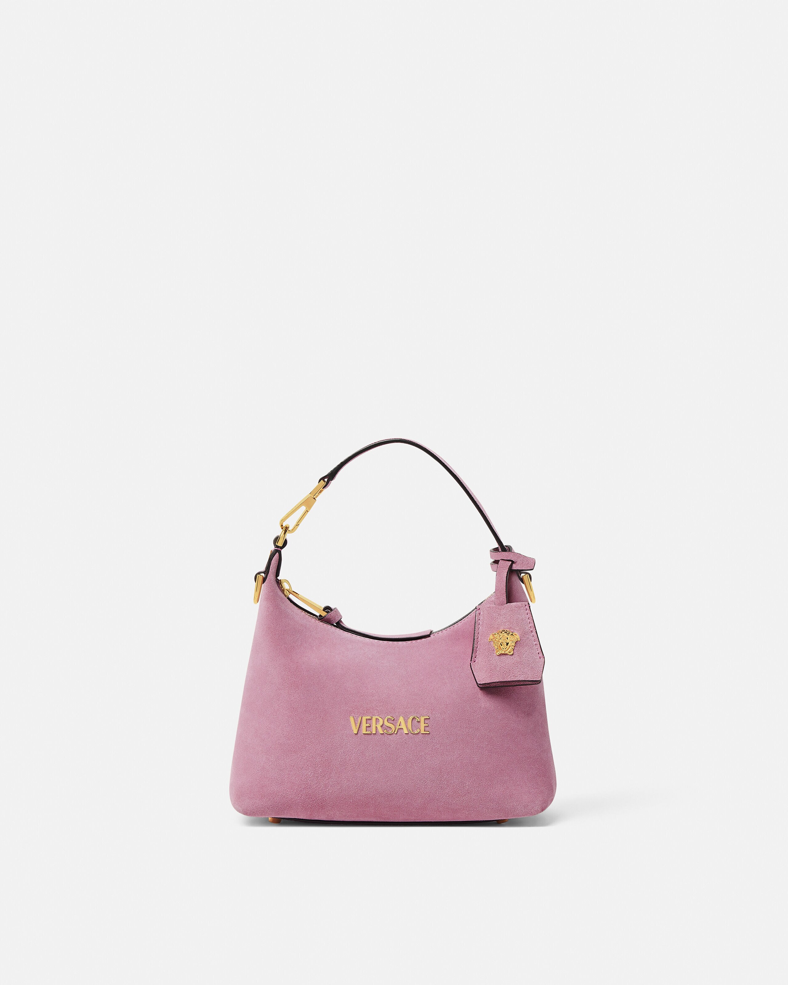 Versace Tag Suede Hobo Bag Pink,Gold | VERSACE US