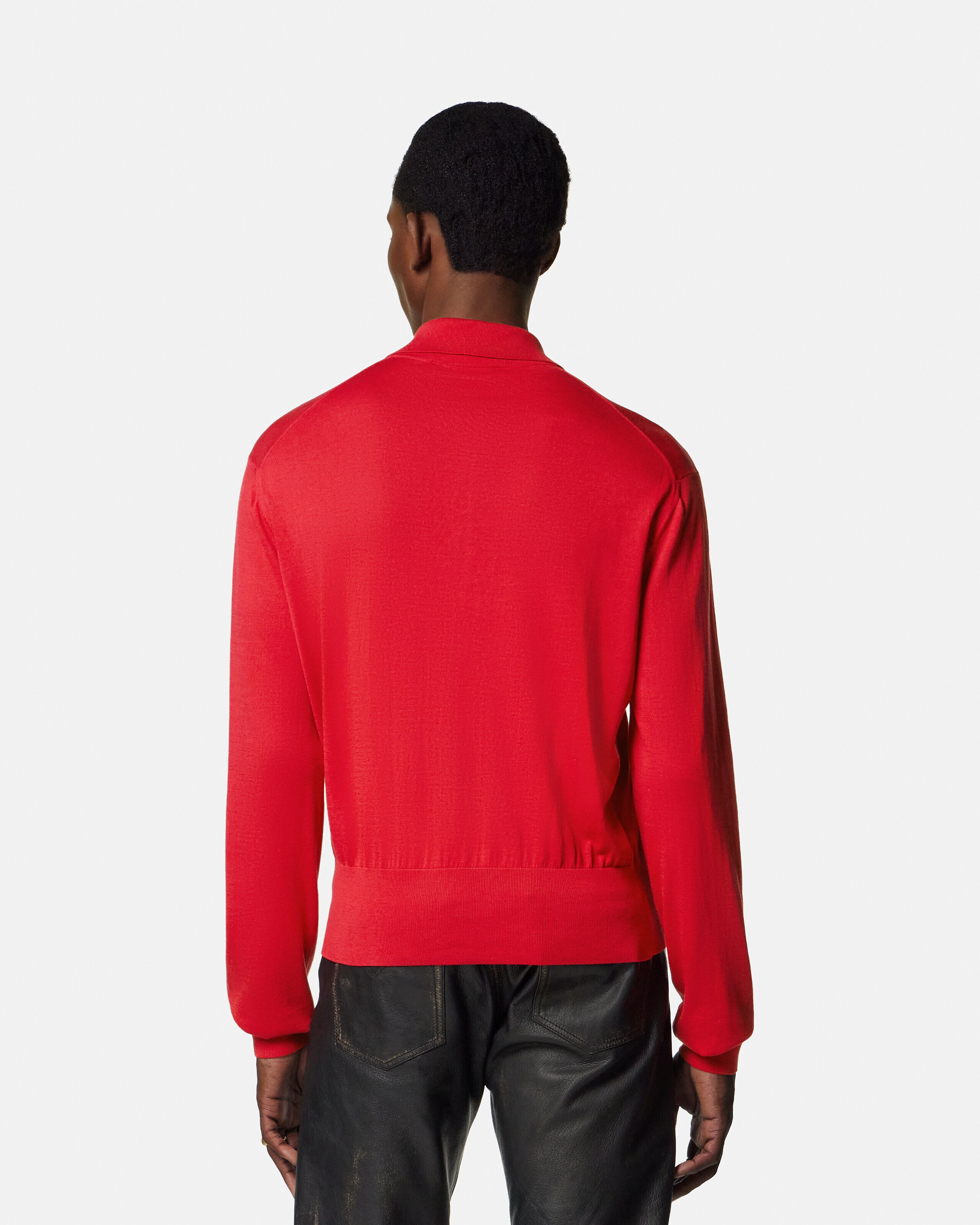 Silk-Cotton Knit Polo Cardigan Red | VERSACE US