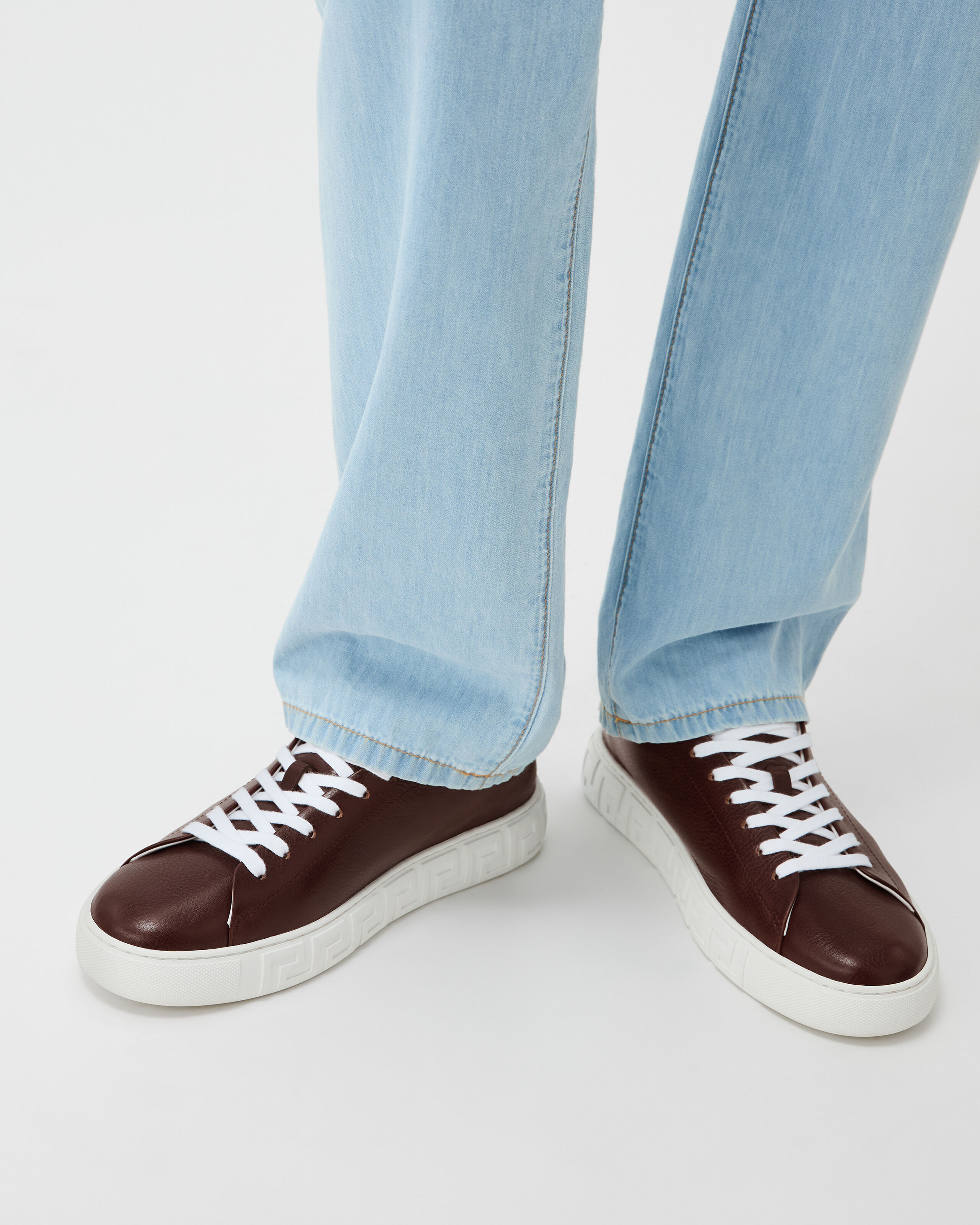 Greca Leather Sneakers Brown | VERSACE US
