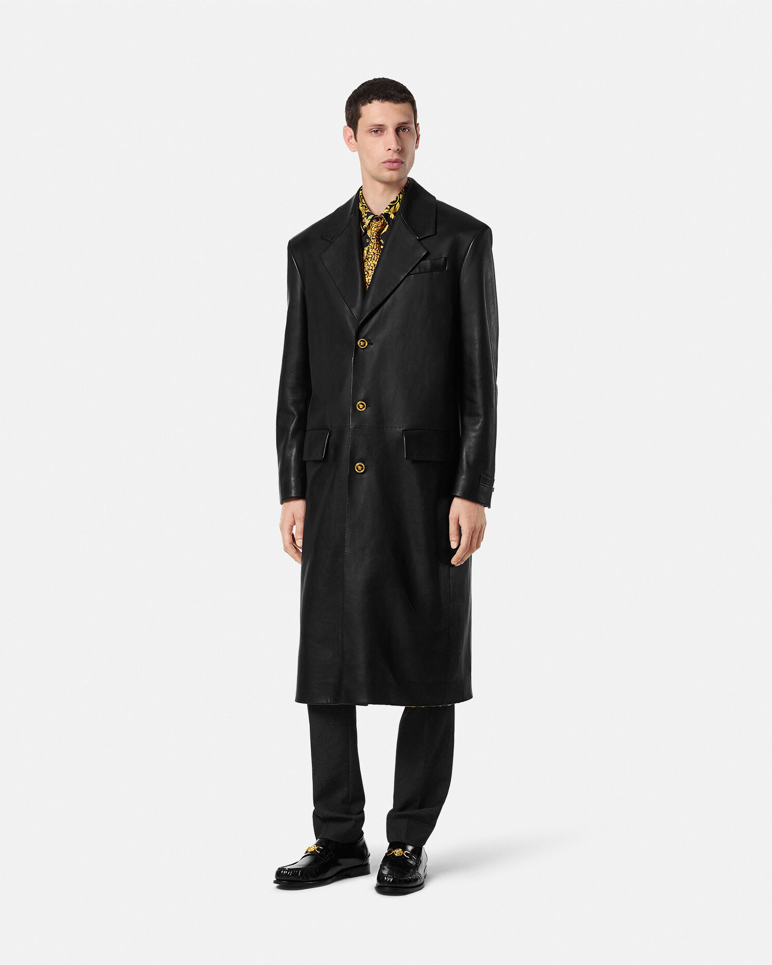Plongé Leather Single-Breasted Coat | VERSACE US