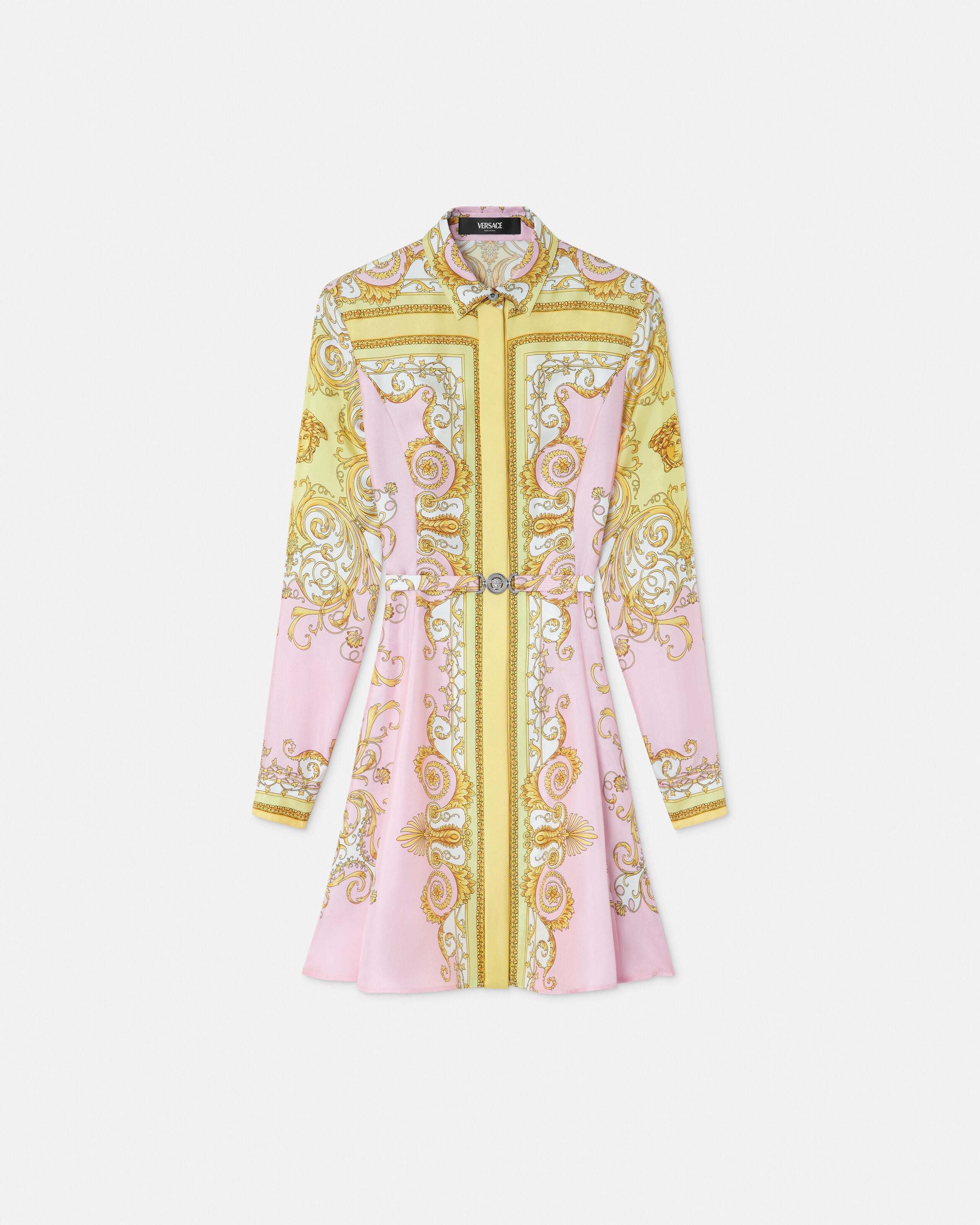 VERSACE シルクインサートミニドレス ミニワンピース　36(XS) Printed Silk Twill Mini Shirt Dress Blue,Gold | VERSACE