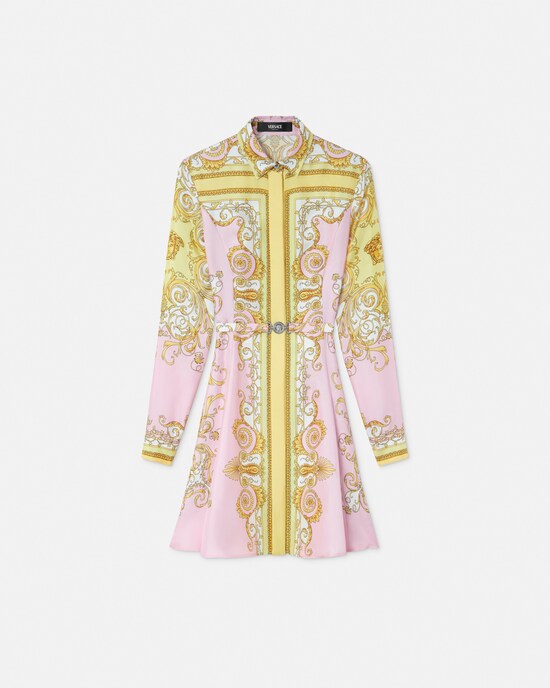 Printed Silk Twill Mini Shirt Dress  Yellow+Pink 1