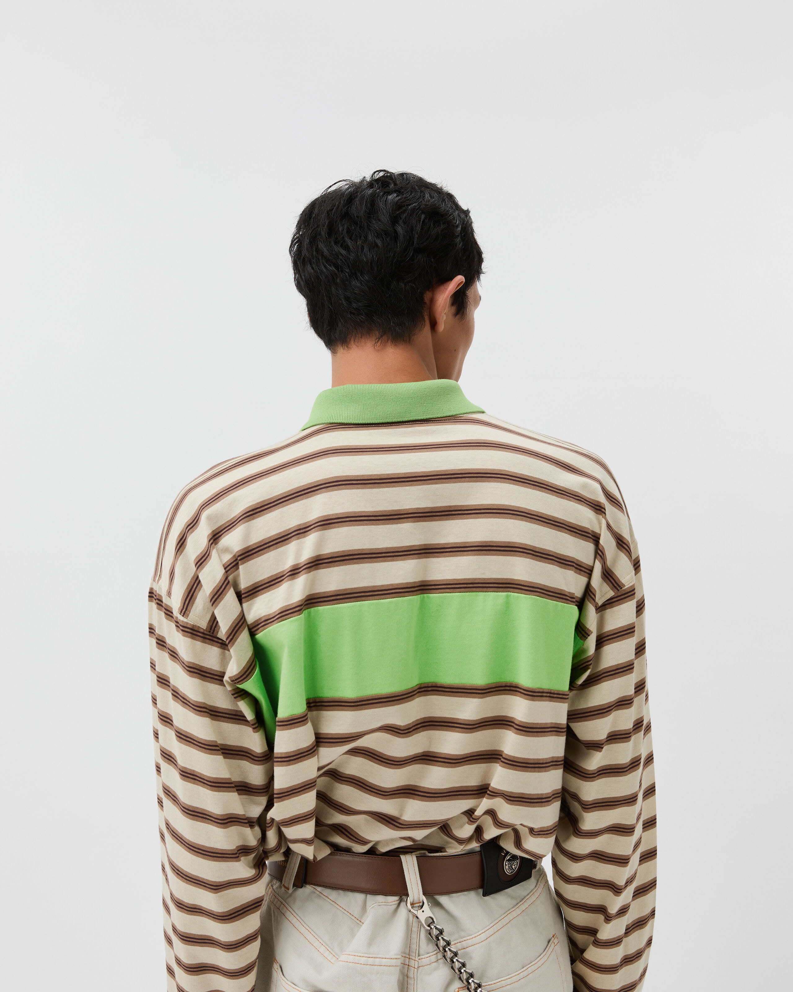 Embroidered Logo Striped Intarsia Cotton Polo Green,Brown | VERSACE US