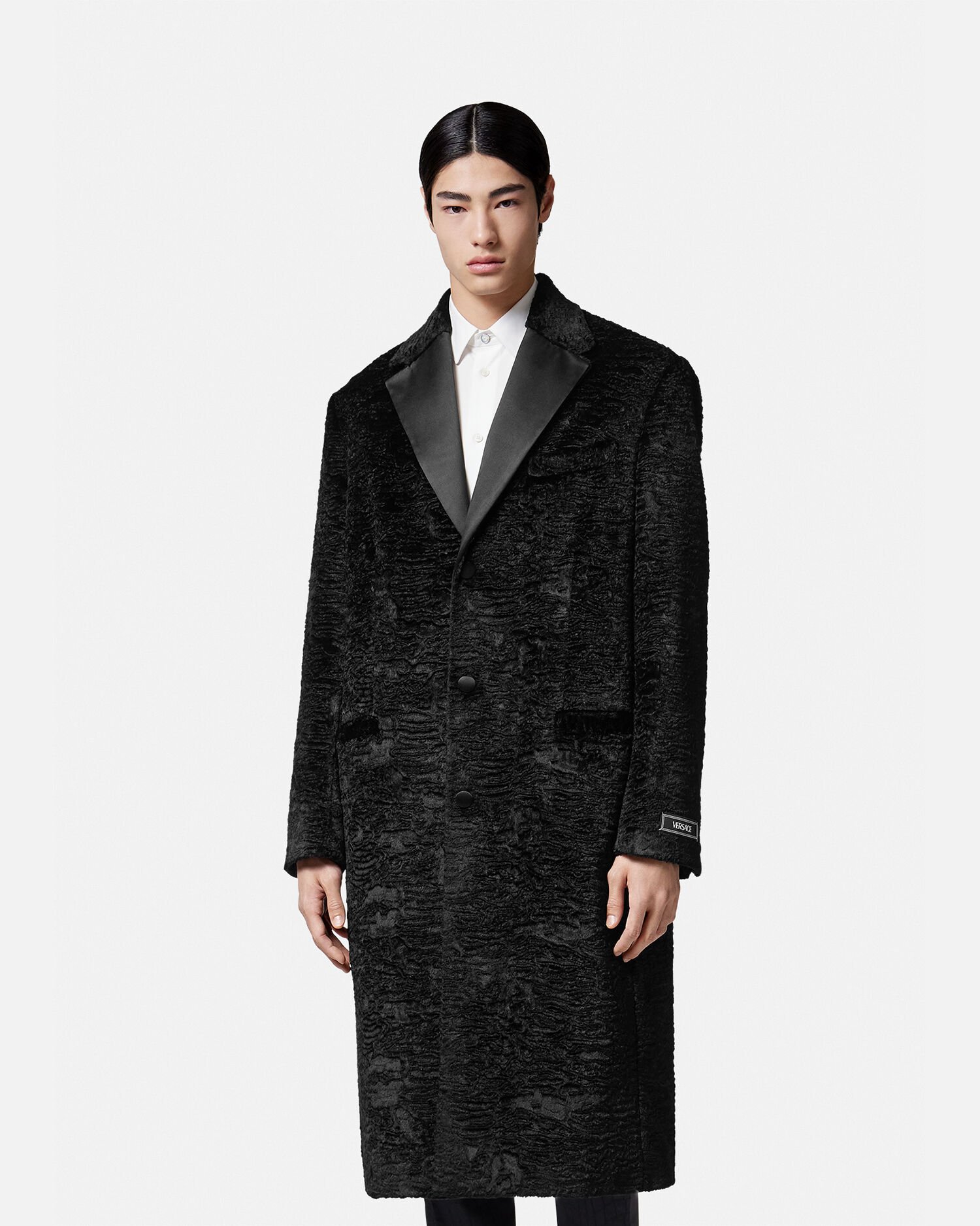 Versace black top grained longline overcoat