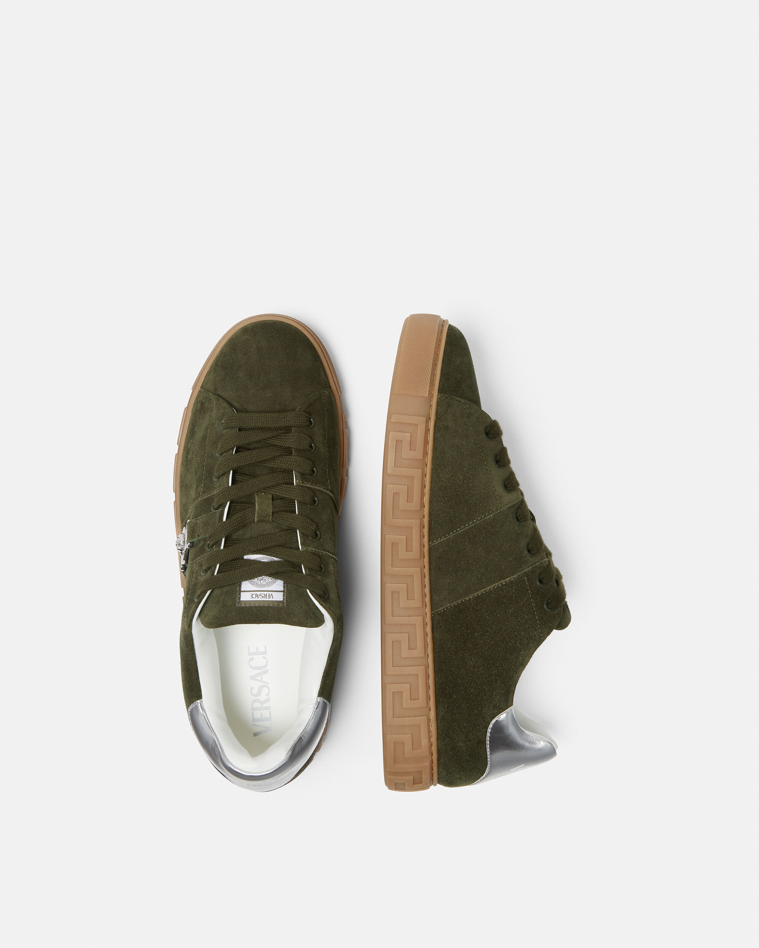 Greca Embellished Suede Sneakers Green,Silver | VERSACE US