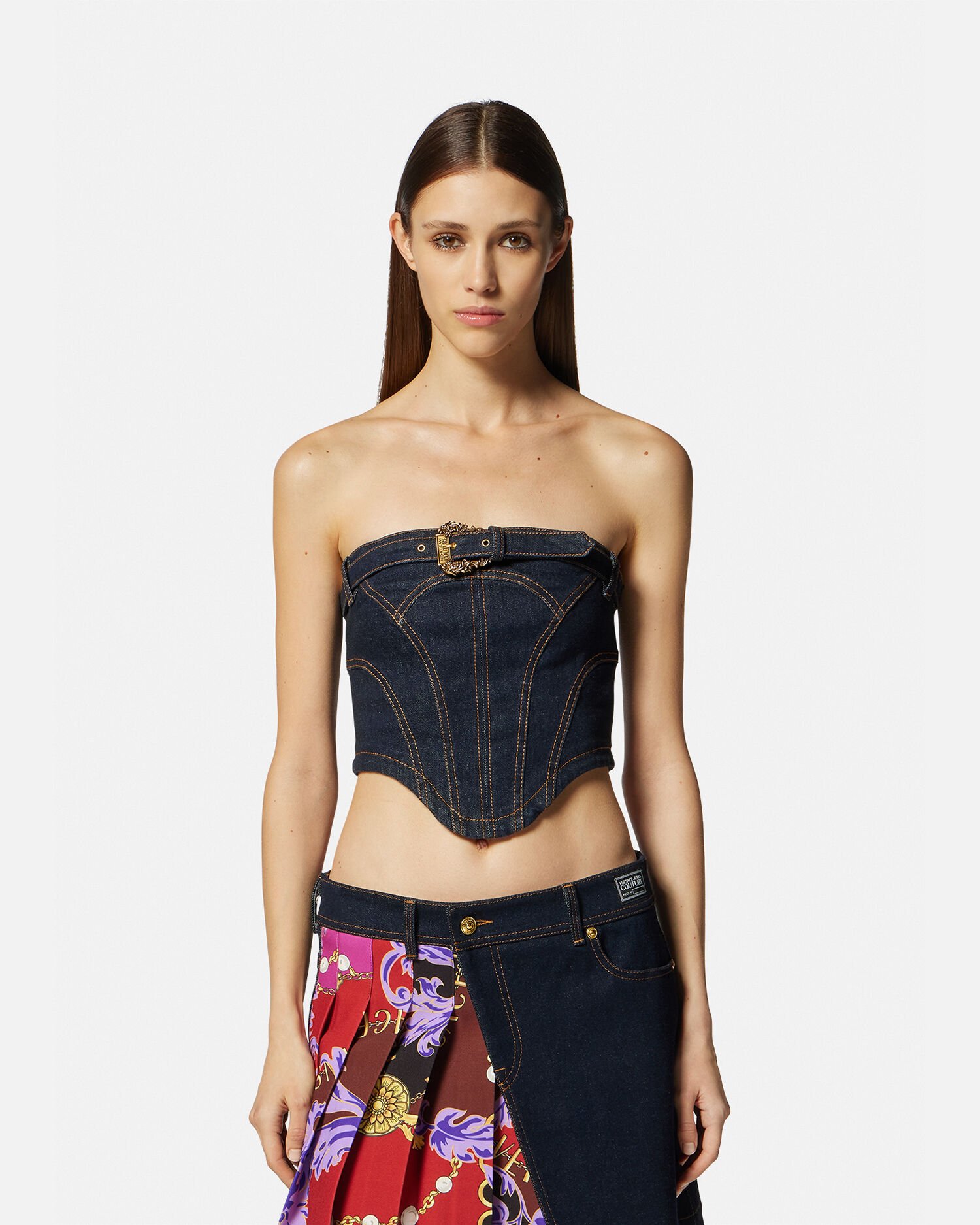 Baroque Buckle Denim Bustier Top