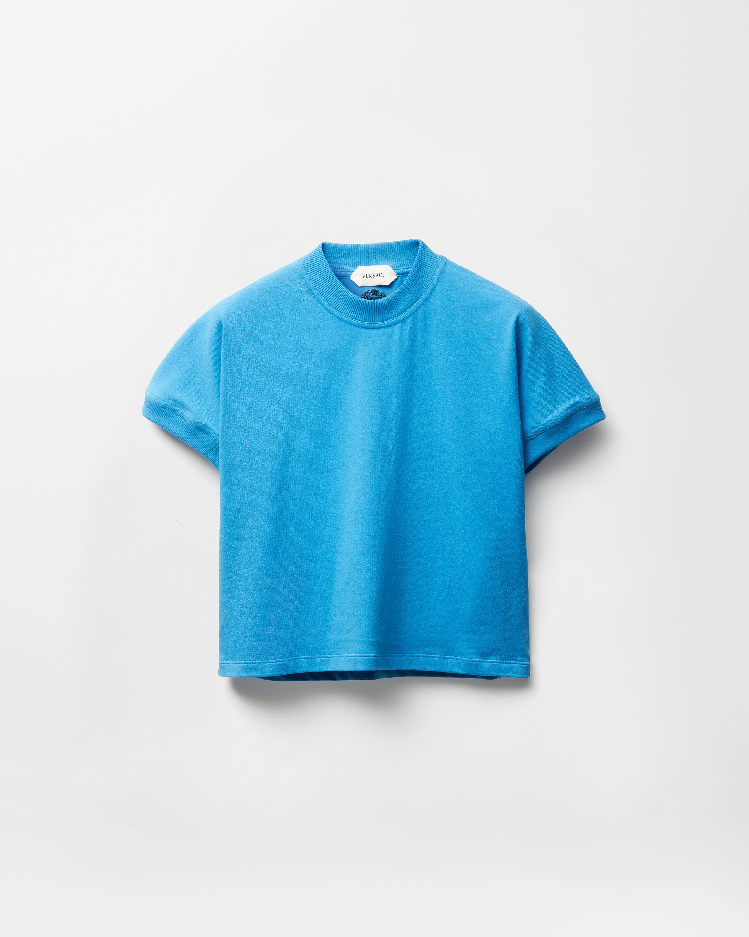 Embroidered Stretch Cotton-Jersey T-Shirt Blue | VERSACE