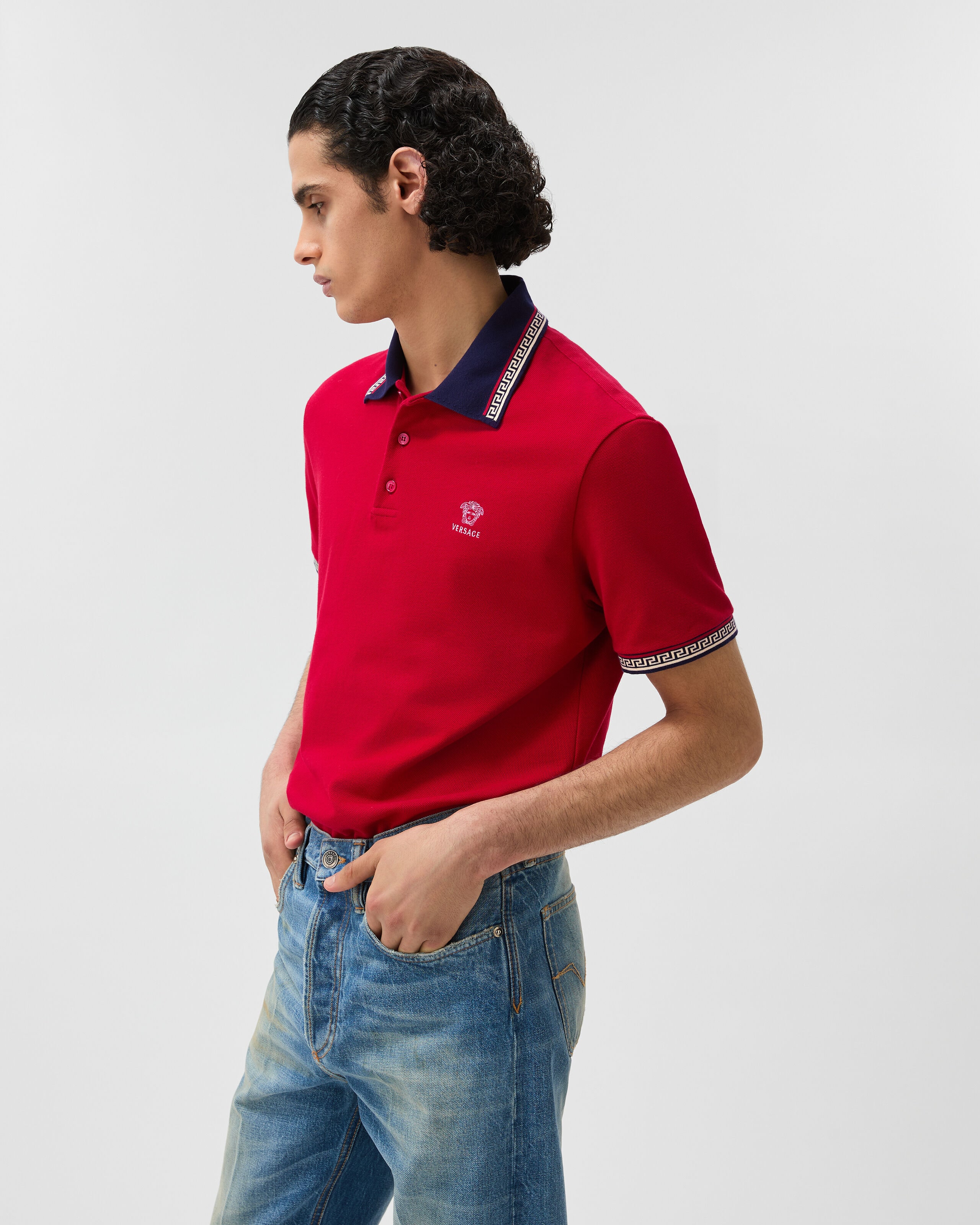 Embroidered-Logo Cotton Piqué Polo Red | VERSACE US