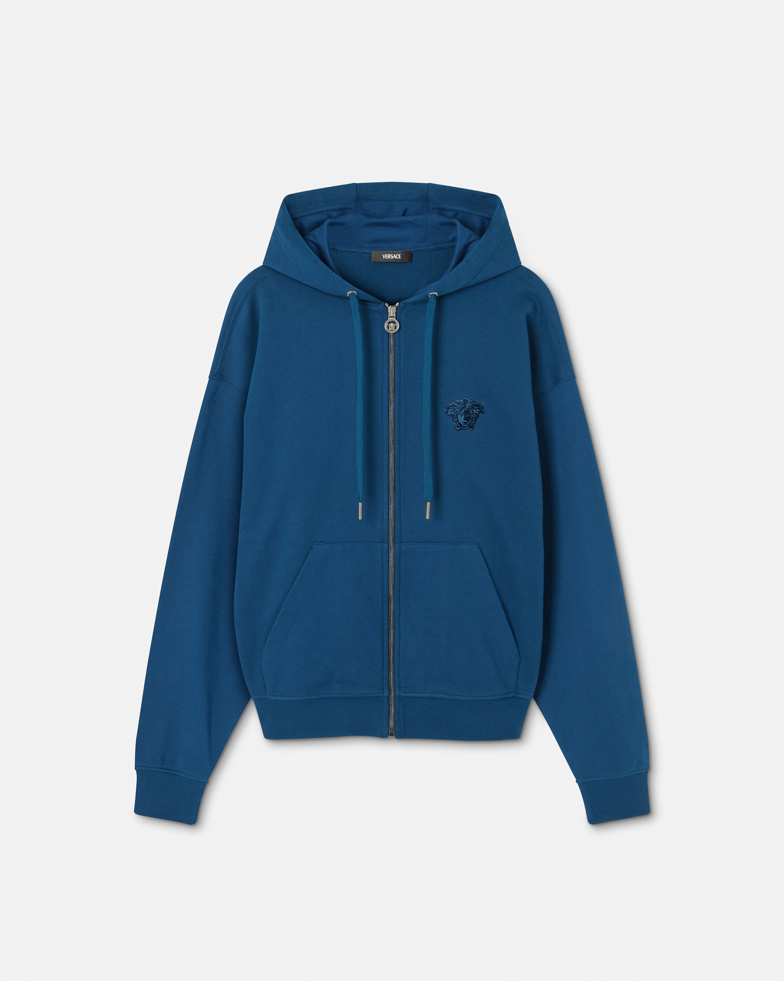 Embroidered Cotton-Jersey Zip Hoodie Blue | VERSACE