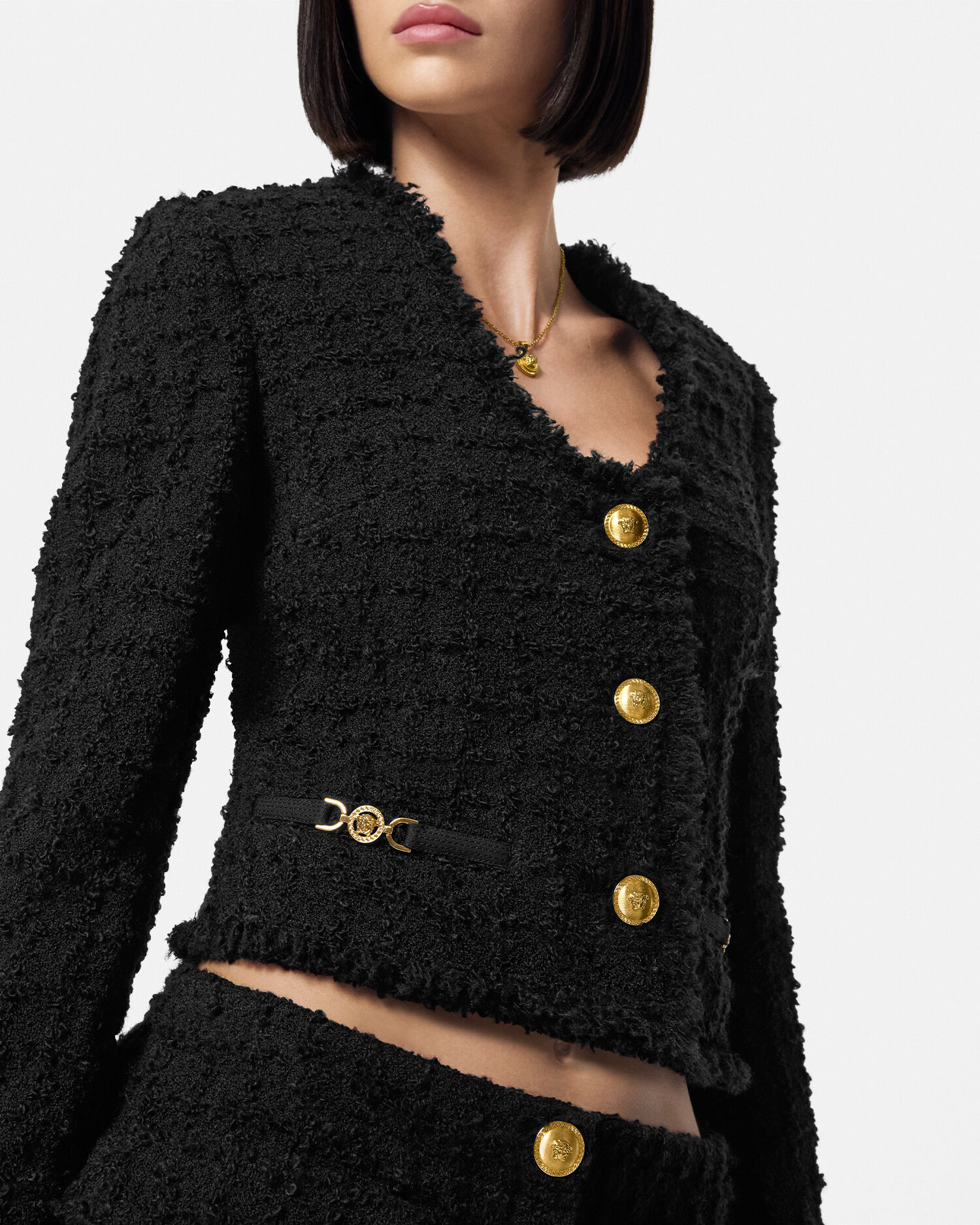 Heritage Tweed Crop Cardigan Jacket Black | VERSACE US