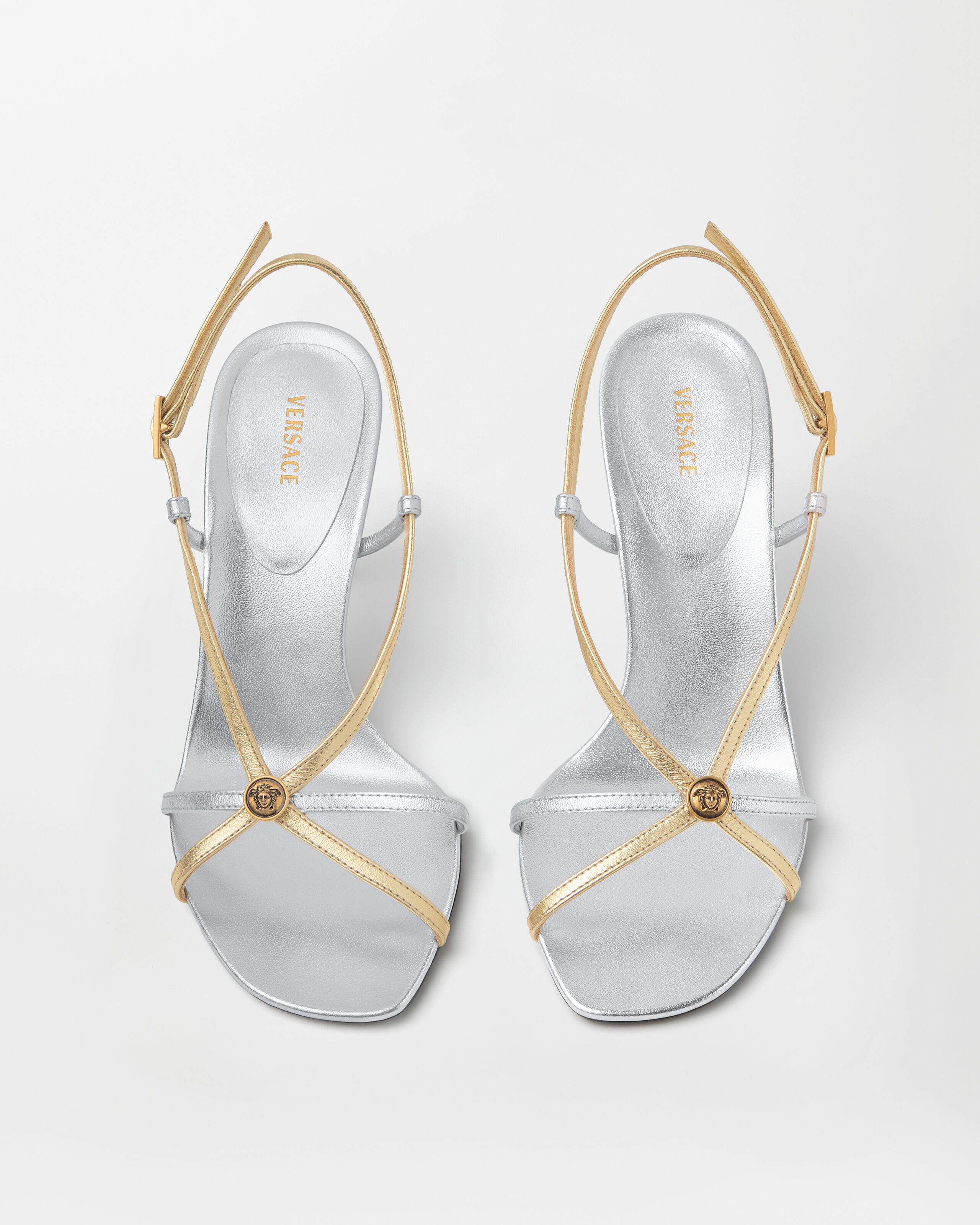 Valentina Metallic Sandals 80 mm Silver,Gold | VERSACE US