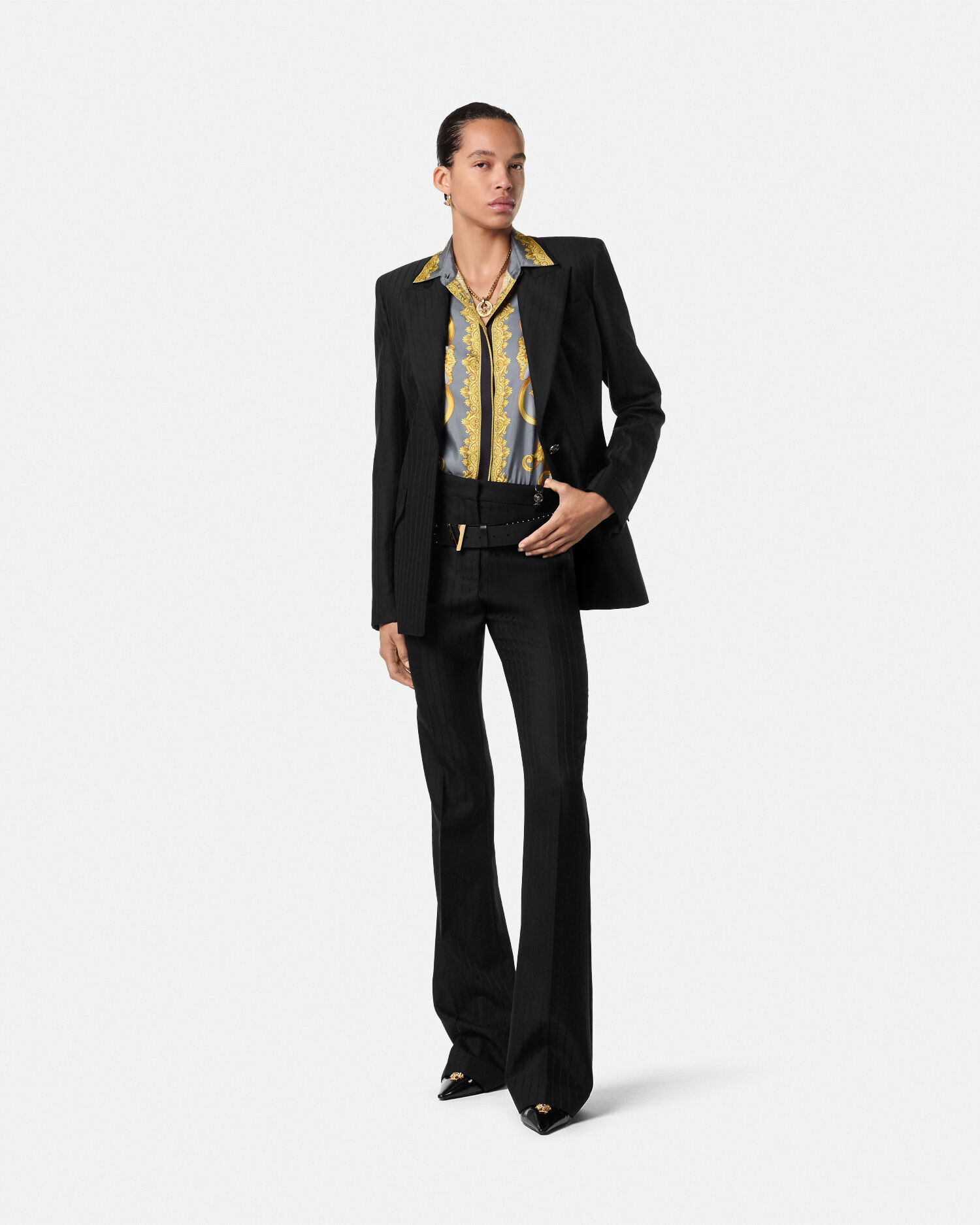Wool Single-Breasted Pinstripe DV Blazer | VERSACE US