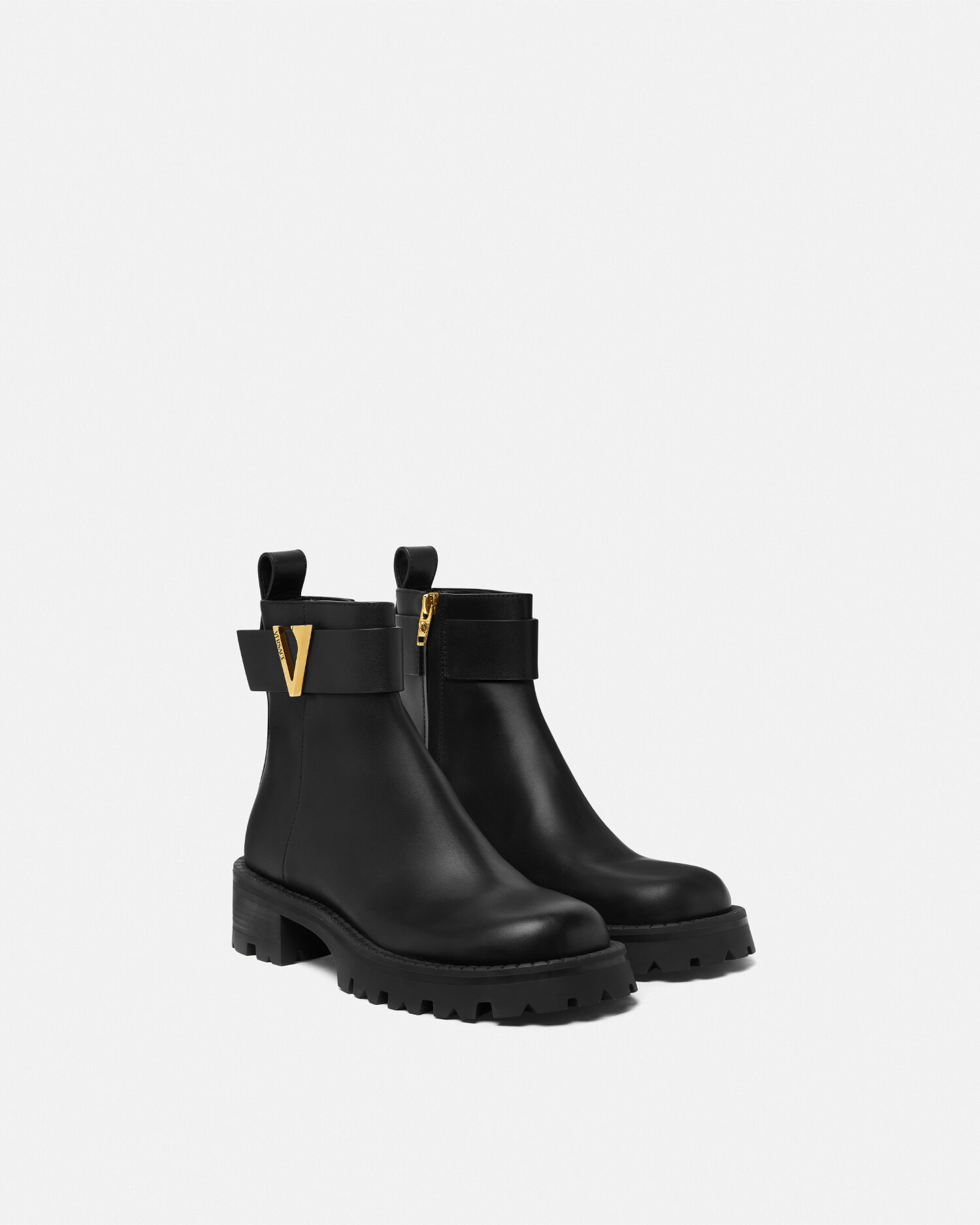 V Leather Ankle Boots Black | VERSACE US