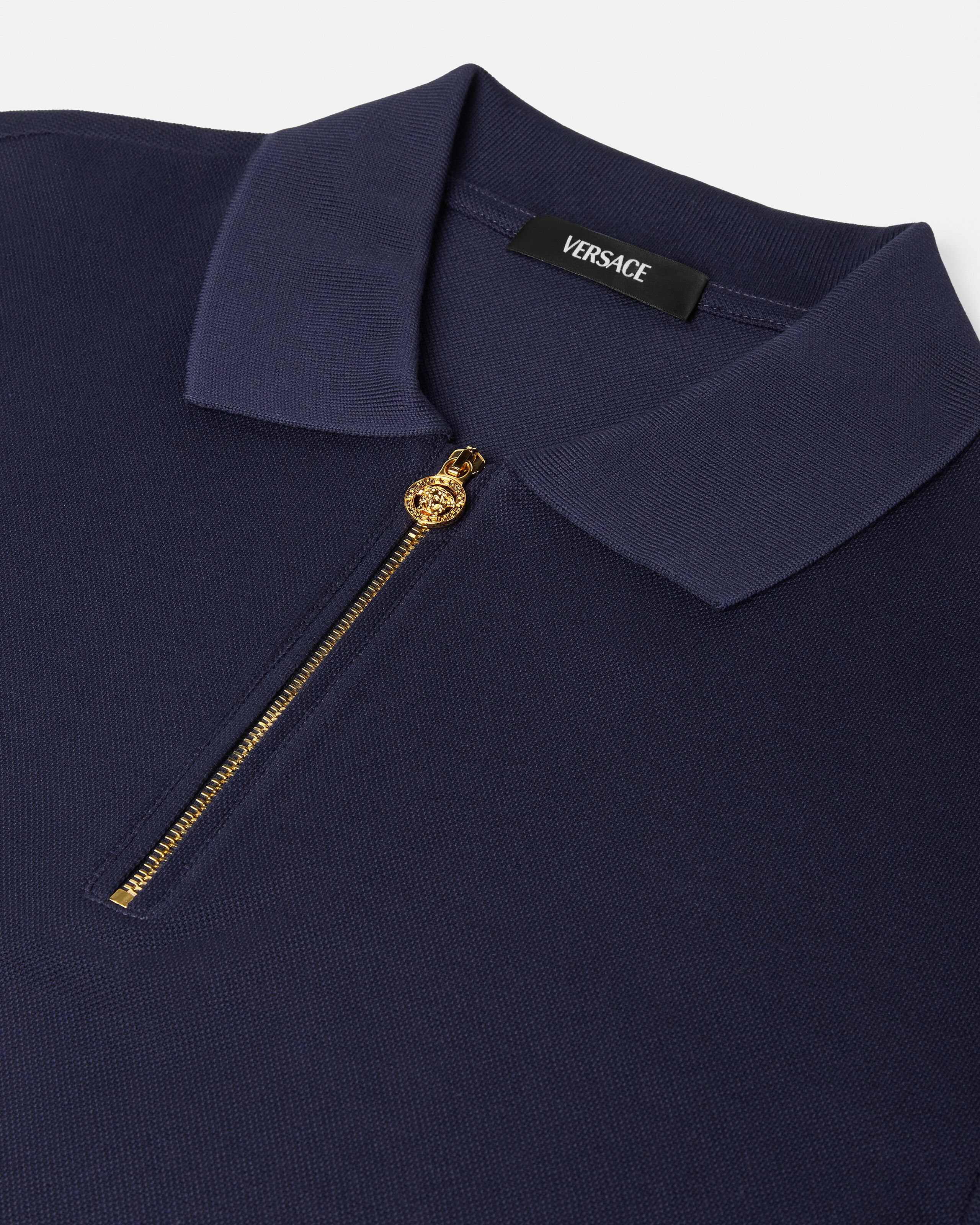 Embroidered Cotton-Piqué Half-Zip Polo Blue | VERSACE
