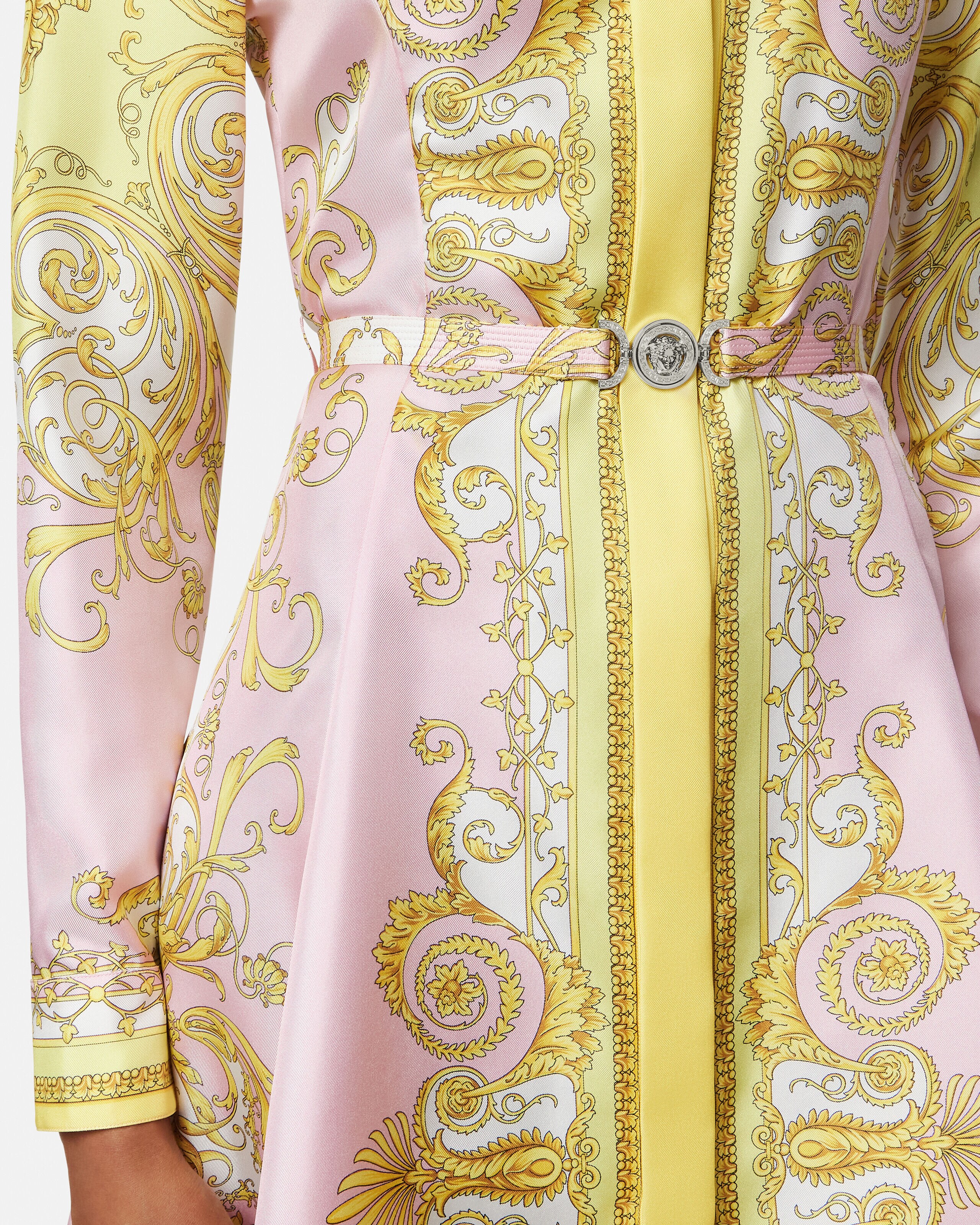 Printed Silk Twill Mini Shirt Dress Yellow,Pink | VERSACE
