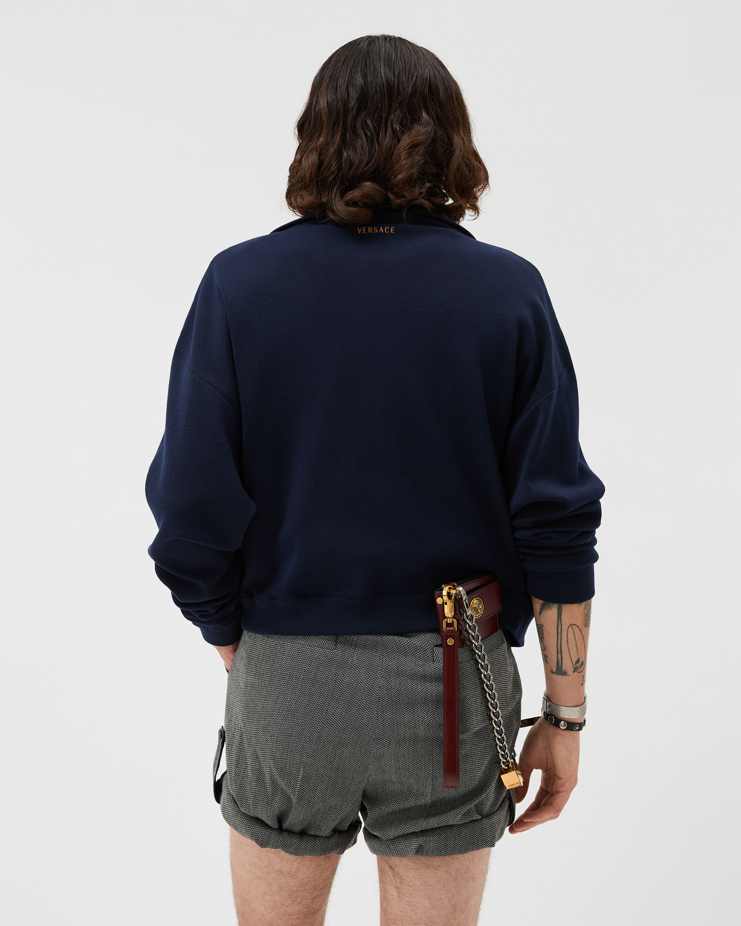 Intarsia-Wool & Leather Patchwork Zip Sweater Blue | VERSACE US
