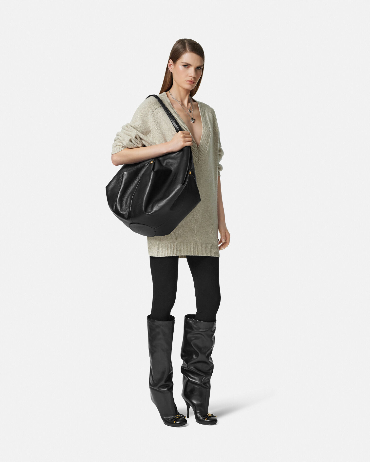 Protea Large Nappa Shoulder Bag Black,Gold | VERSACE US