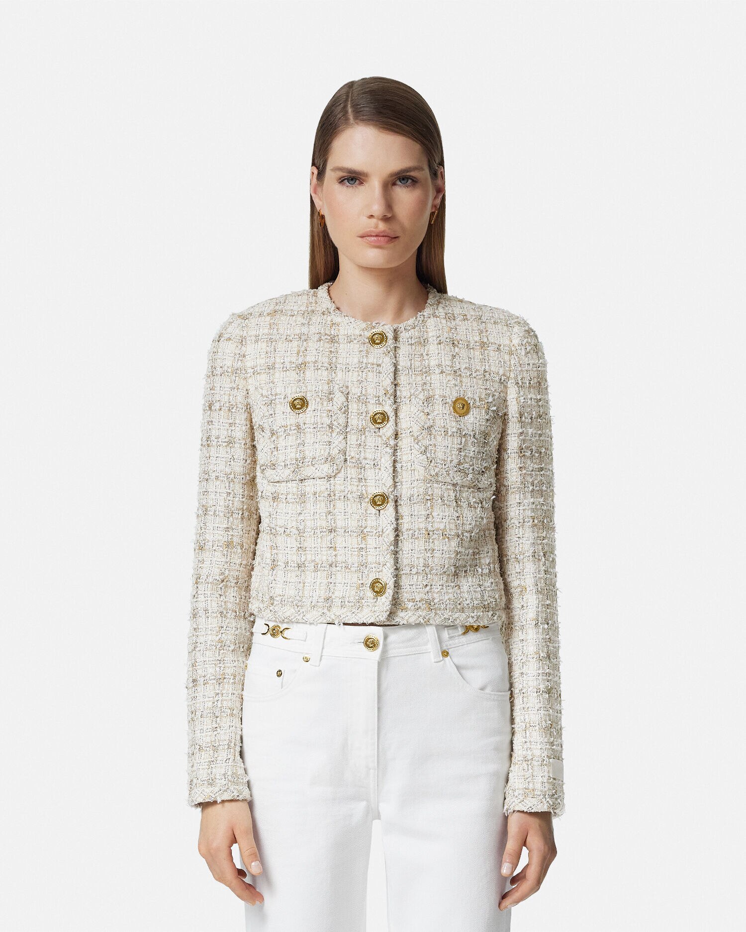 Tweed Cardigan Jacket White Gold VERSACE