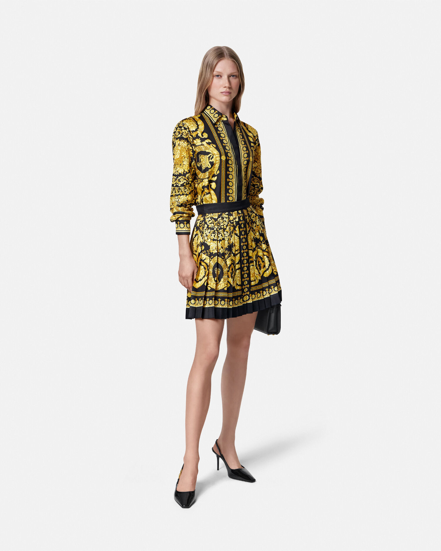 Printed Silk Twill Pleated Mini Skirt Black,Print | VERSACE US