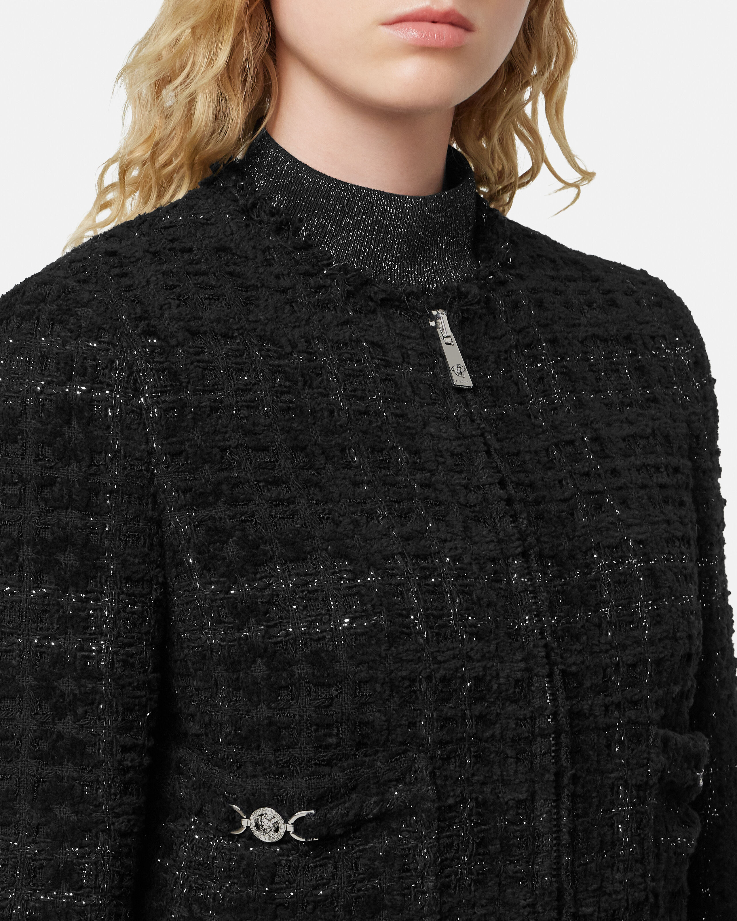 Tweed Cotton Zipped Jacket Black | VERSACE US