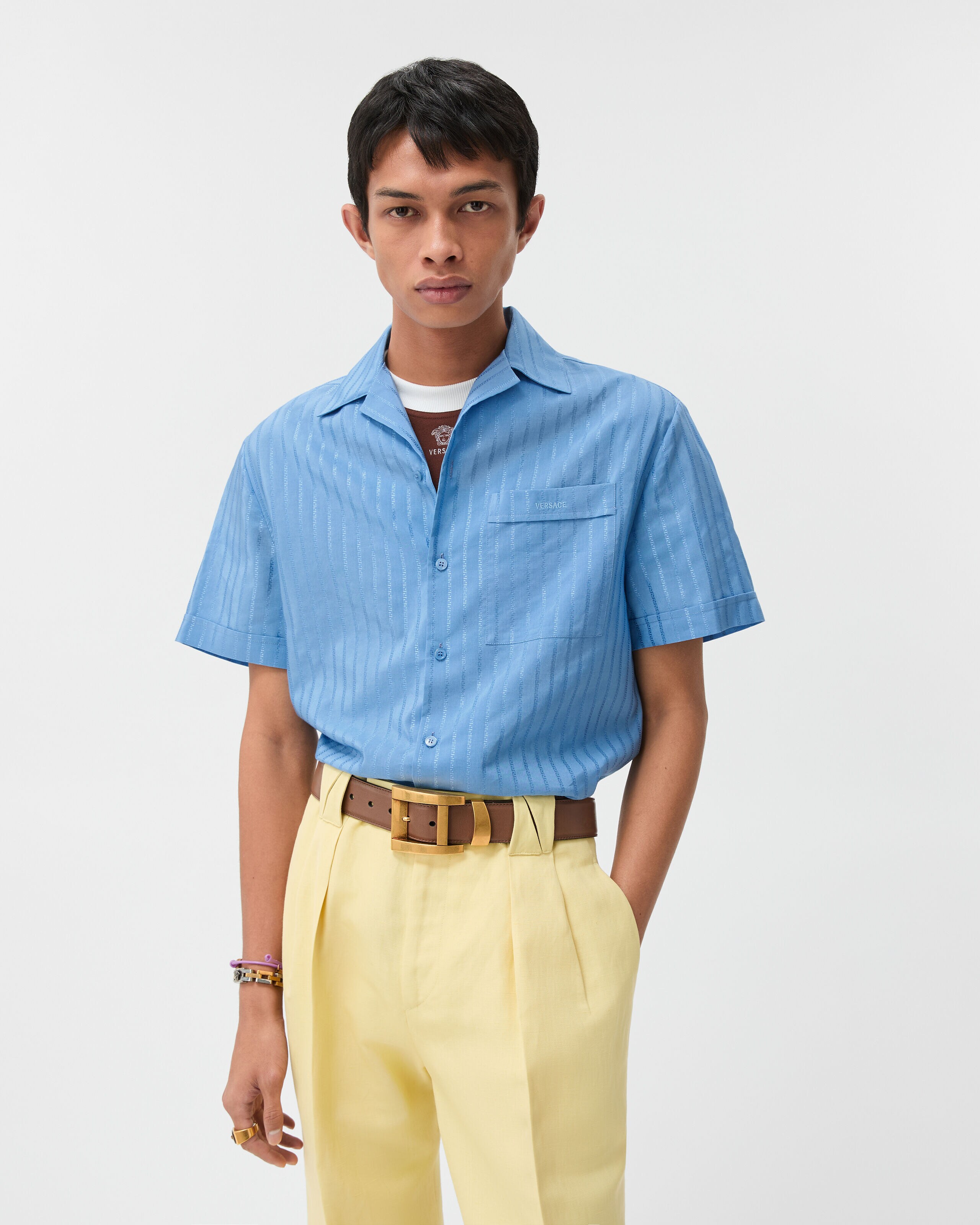 Jacquard Cotton-Silk Regular Shirt Blue | VERSACE US