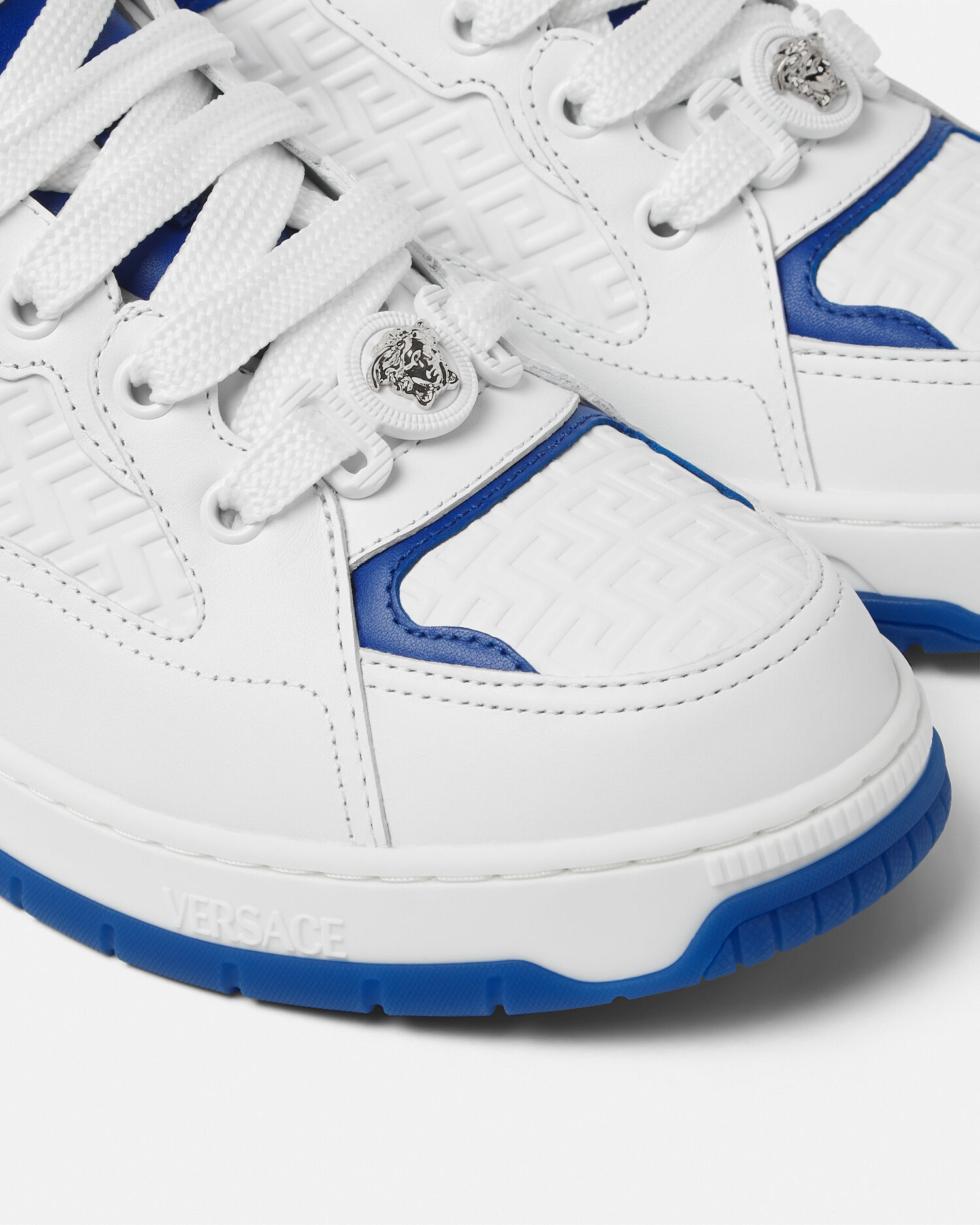 Biggie Basket Leather Sneakers White,Blue | VERSACE US