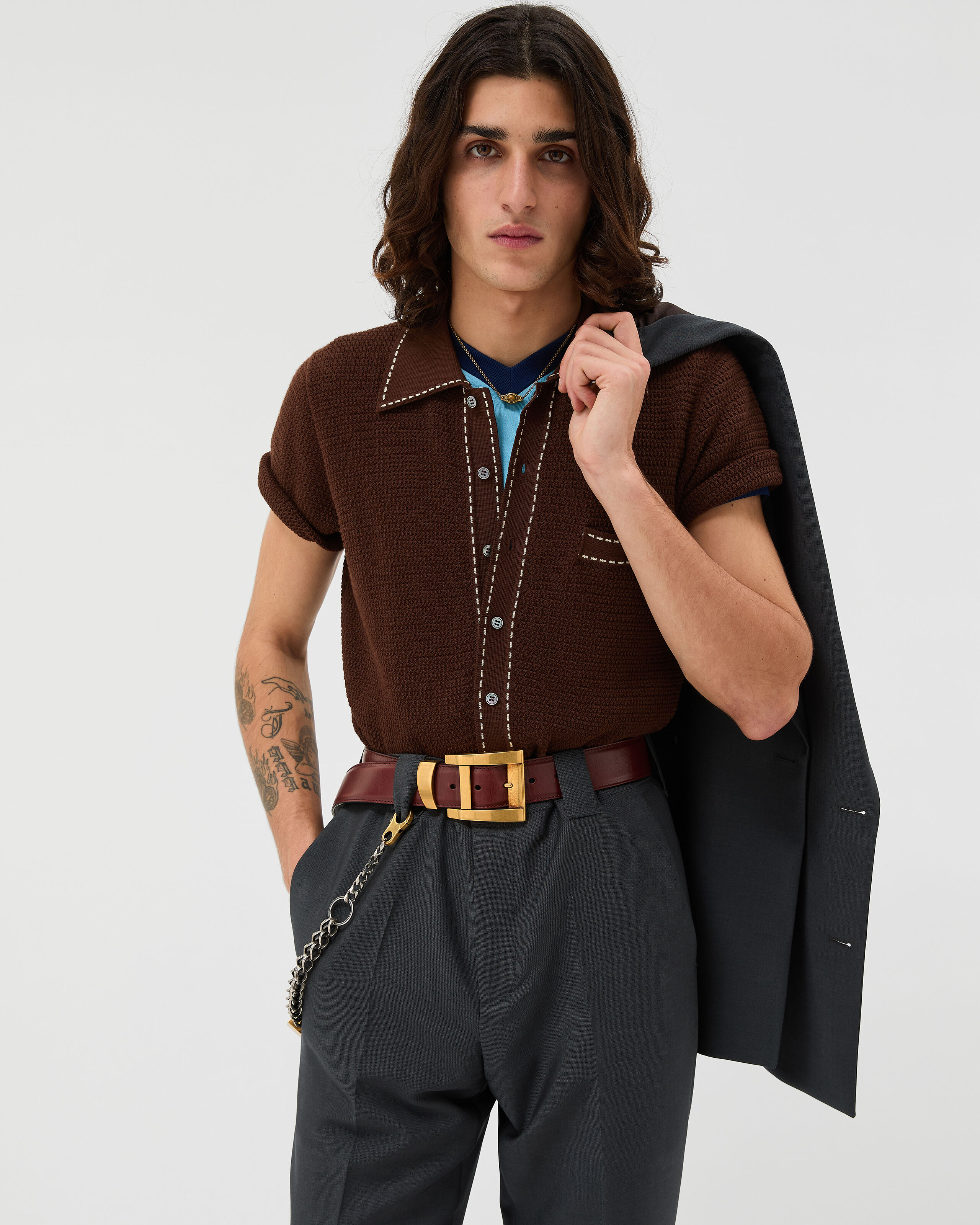 Cotton Knit Shirt Brown | VERSACE US