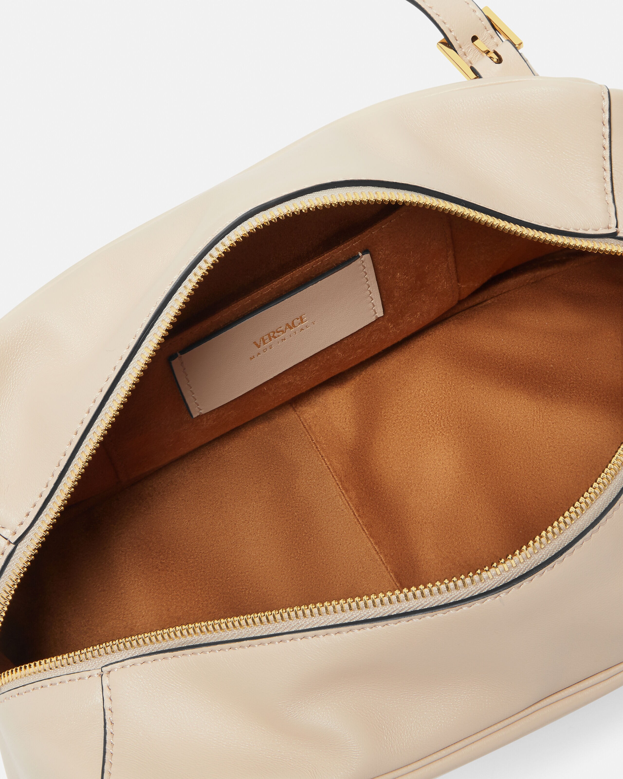 Versace Tag Large Nappa Bowling Bag Beige | VERSACE US