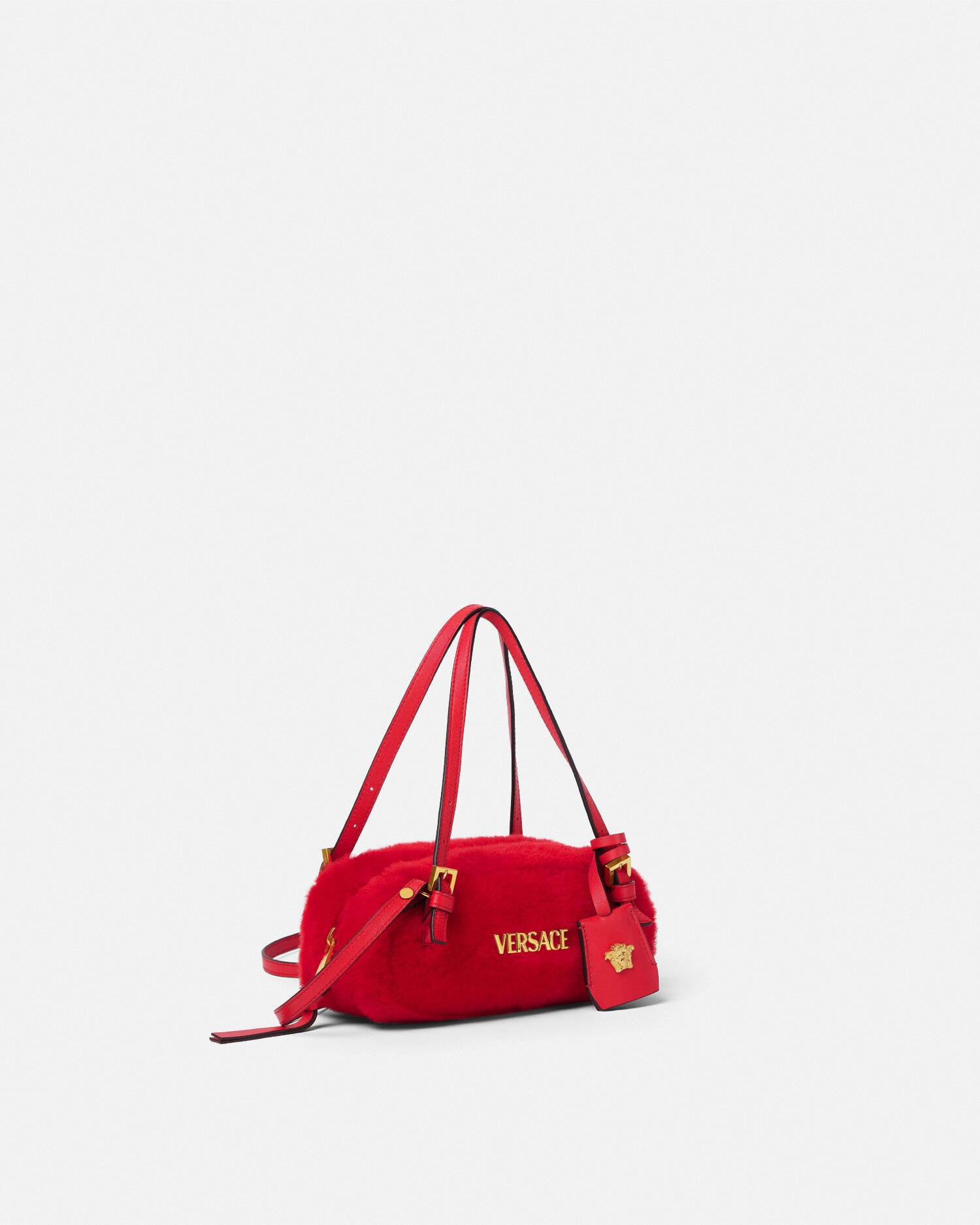 Versace Tag Shearling Bowling Mini Bag Red | VERSACE US