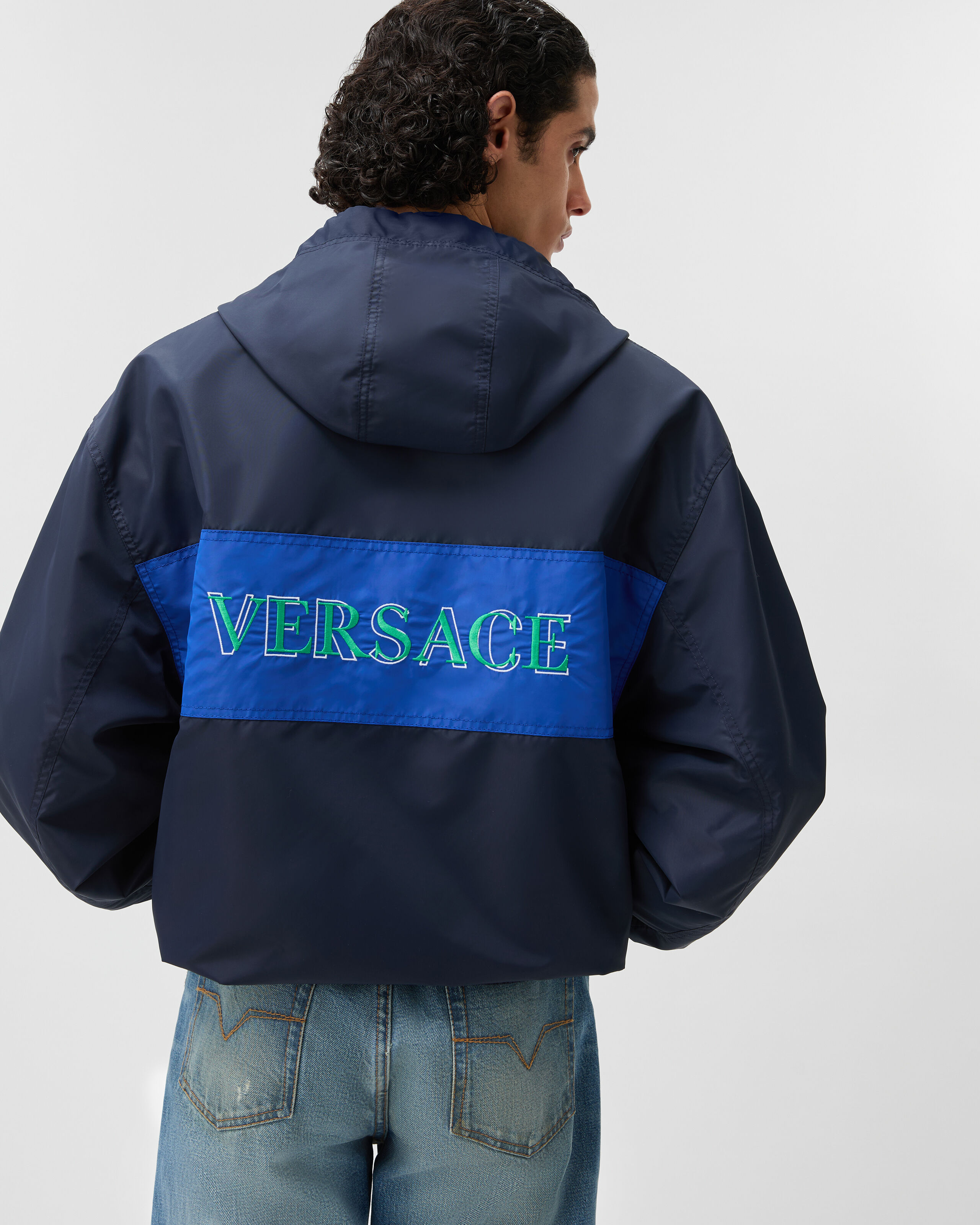 Embroidered Nylon Windbreaker Blue | VERSACE US