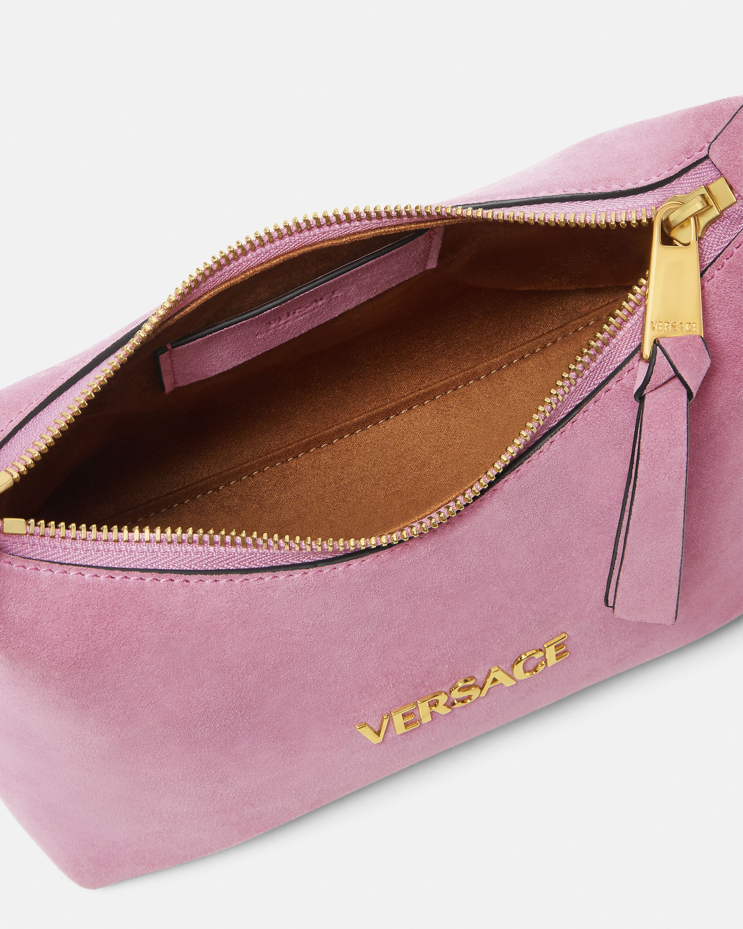 Versace Tag Suede Hobo Bag Pink,Gold | VERSACE US
