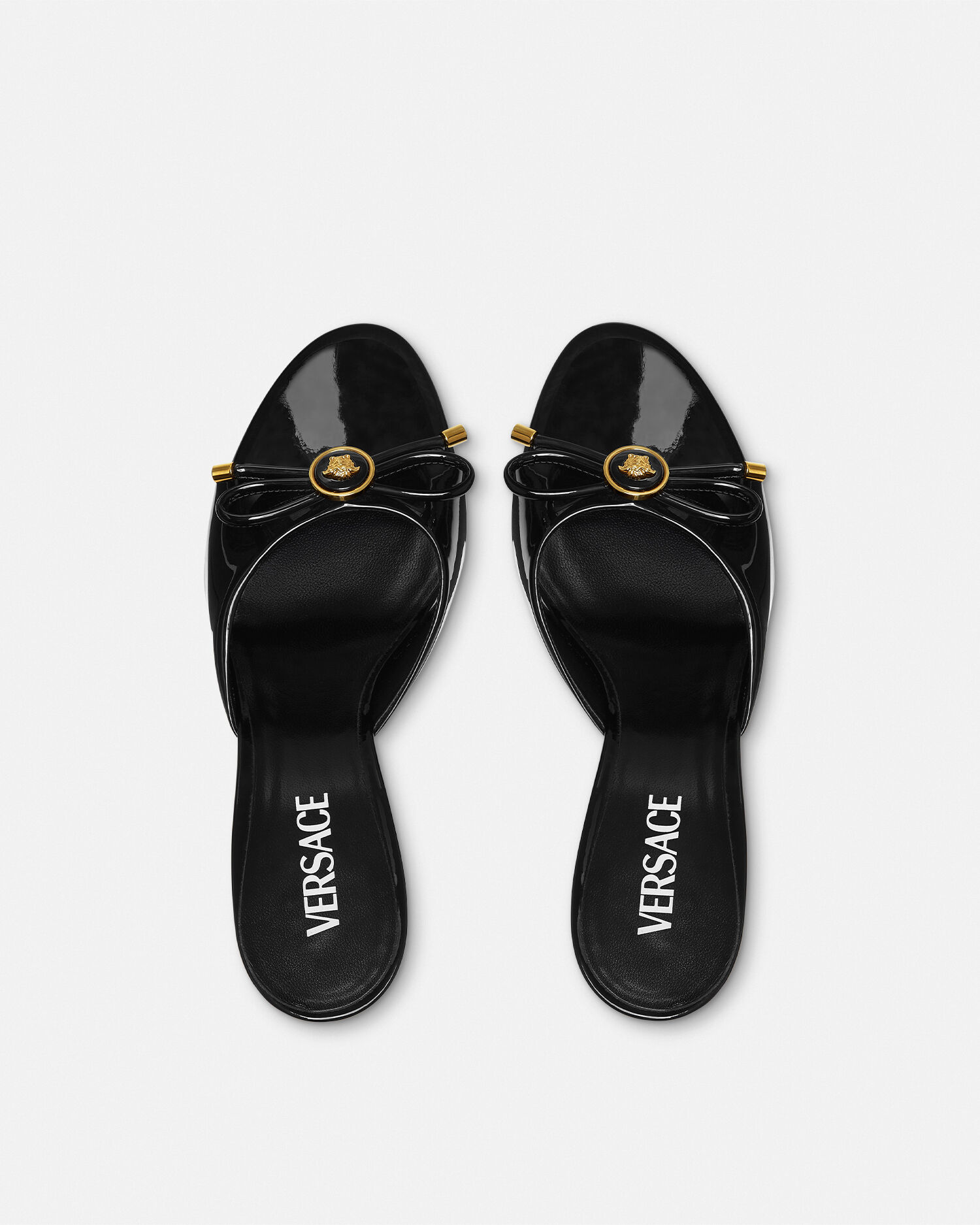 Opera Bow Patent Mules 85 mm Black,Gold | VERSACE US