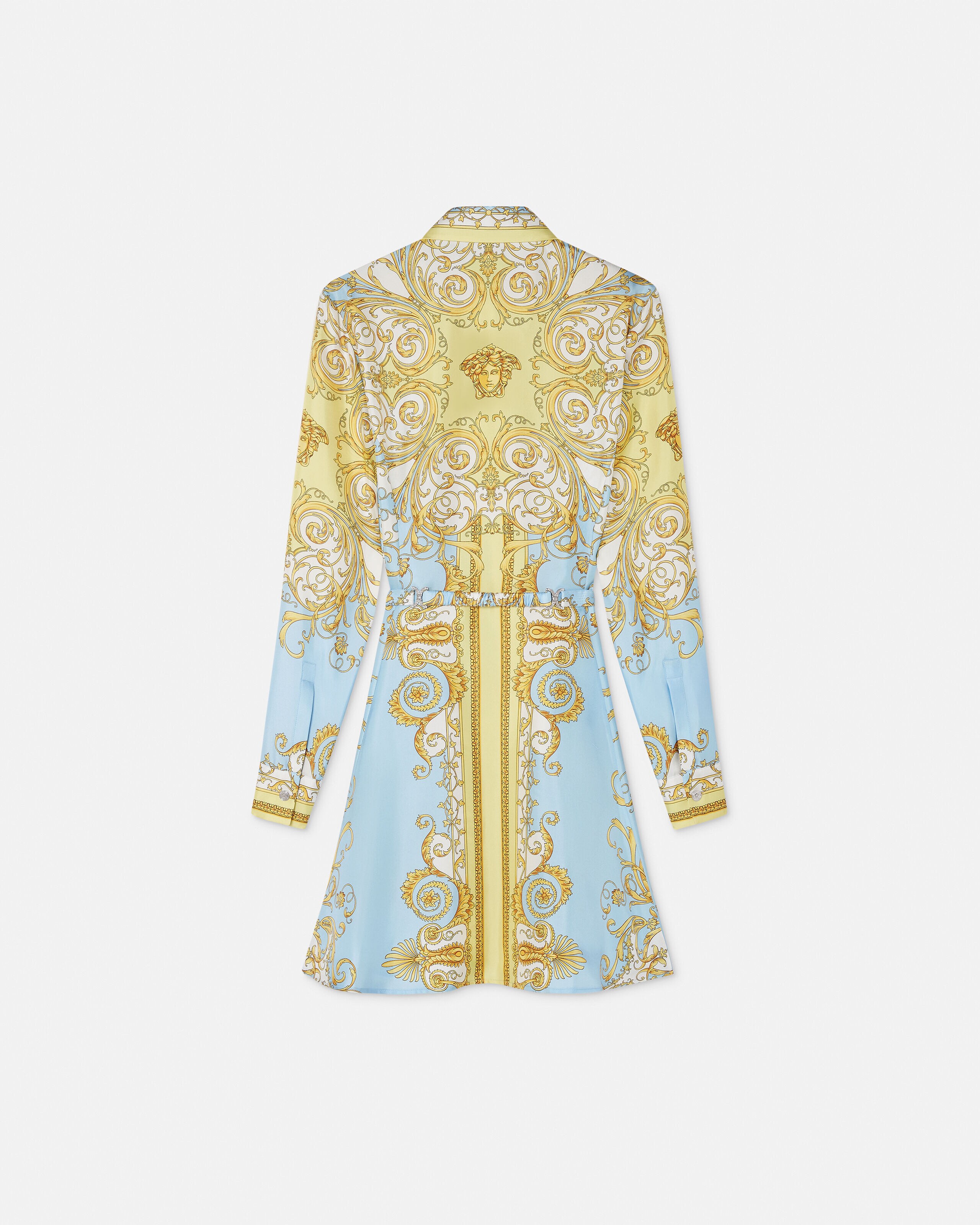 Printed Silk Twill Mini Shirt Dress Blue,Gold | VERSACE US