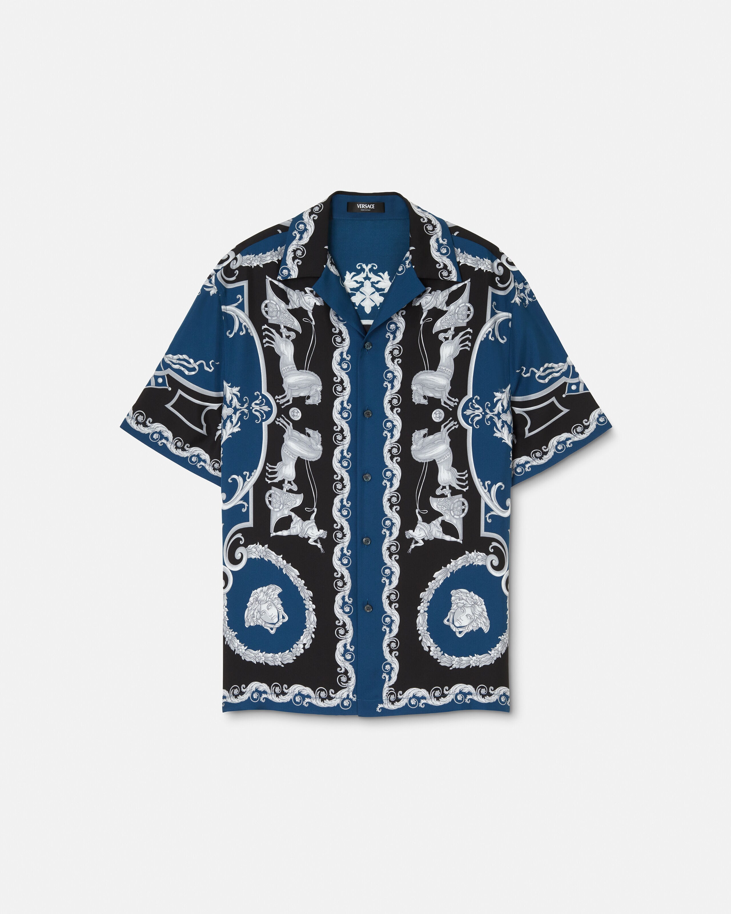Printed Silk Twill Slim Shirt Black,Blue | VERSACE US